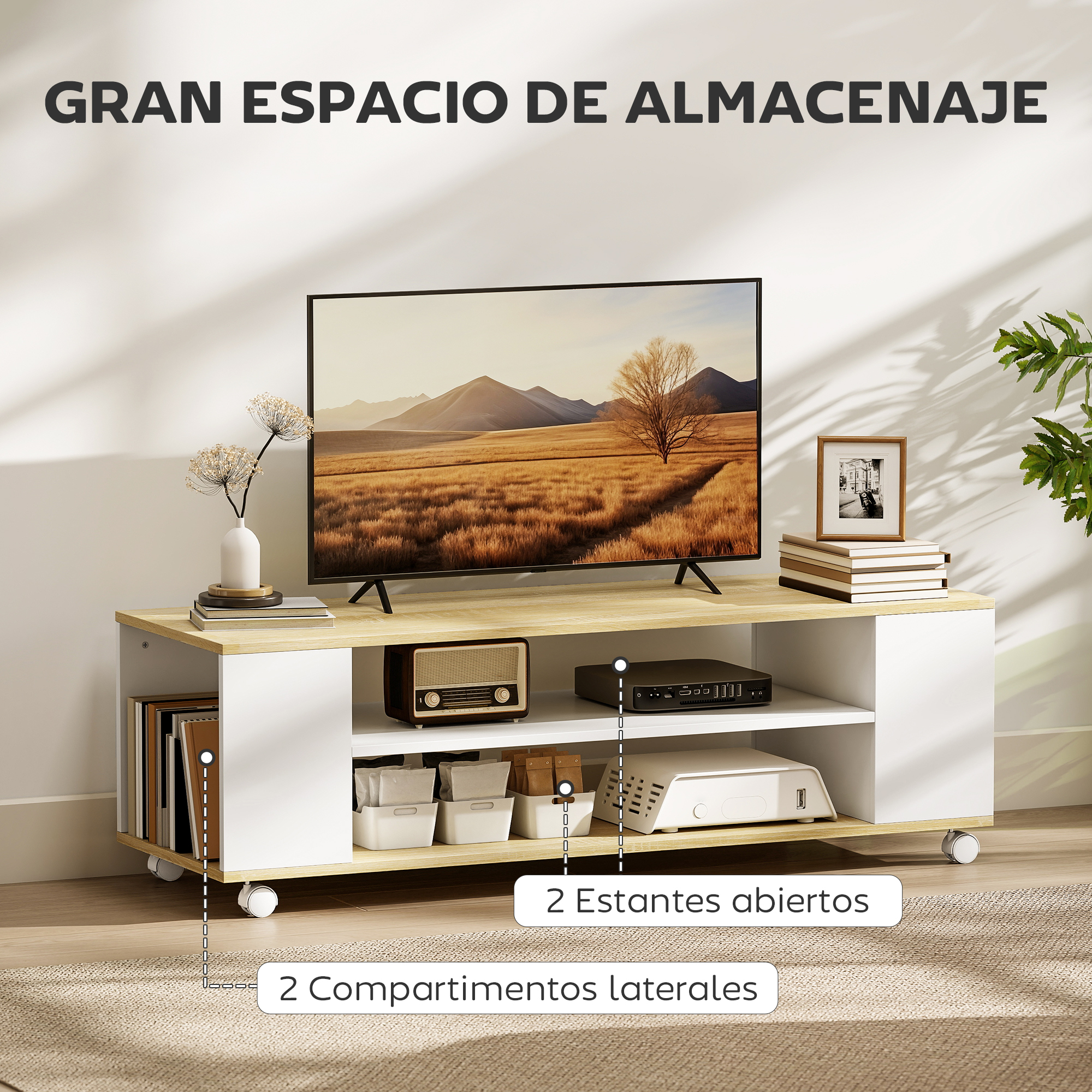 Moderno mueble de TV con almacenamiento, con TV, radio y decoración.