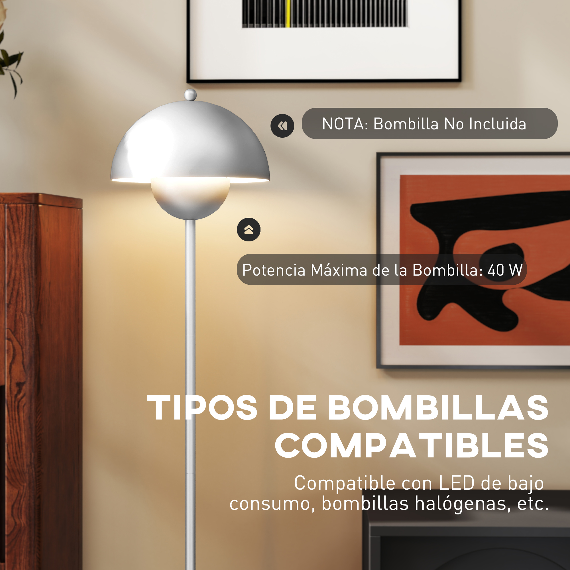 Lámpara de pie con pantalla plateada. Nota: bombilla no incluida. Máx. 40W.