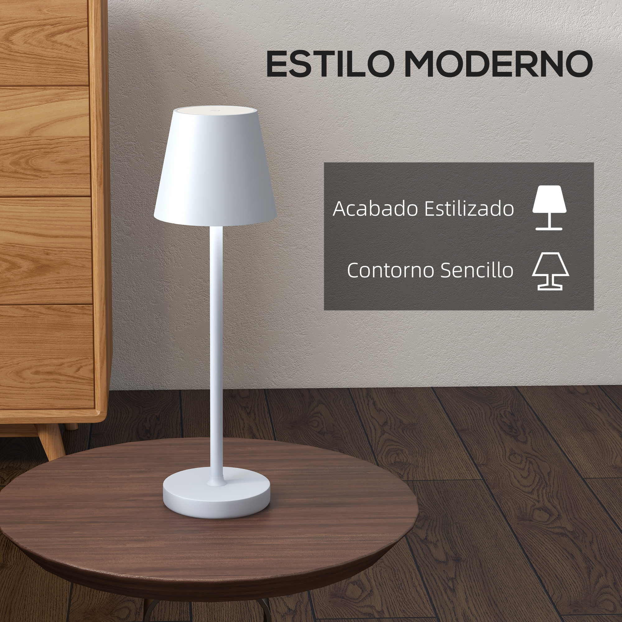 Una lámpara blanca sobre una mesa redonda de madera frente a una cómoda.