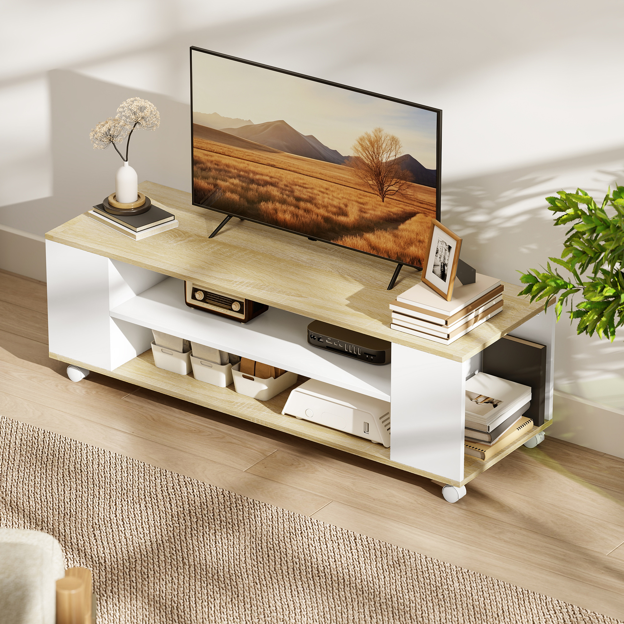 Un mueble de TV moderno con un televisor, libros, un jarrón y una radio.