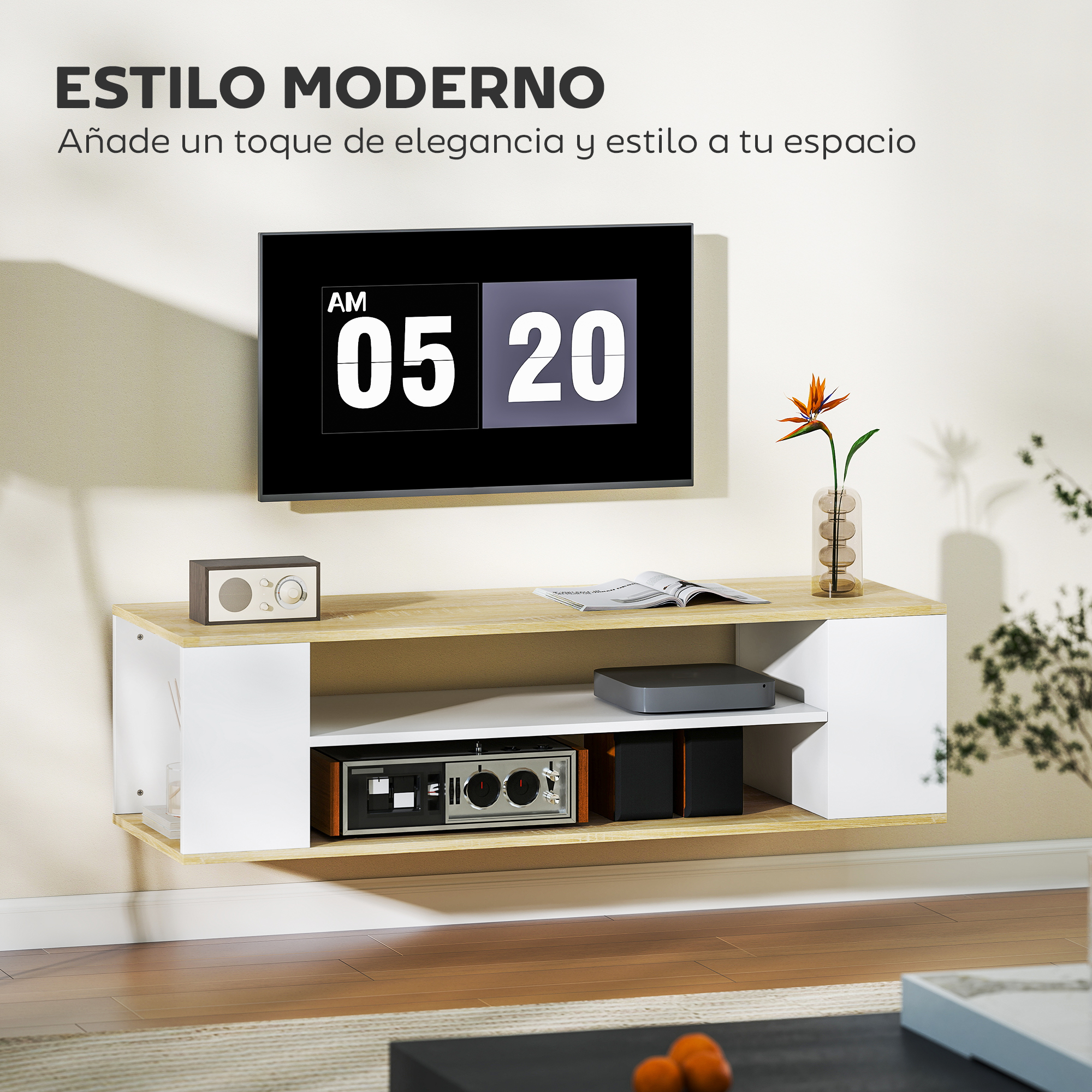 Estilo moderno: Mueble de TV flotante con radio, reloj y decoración.