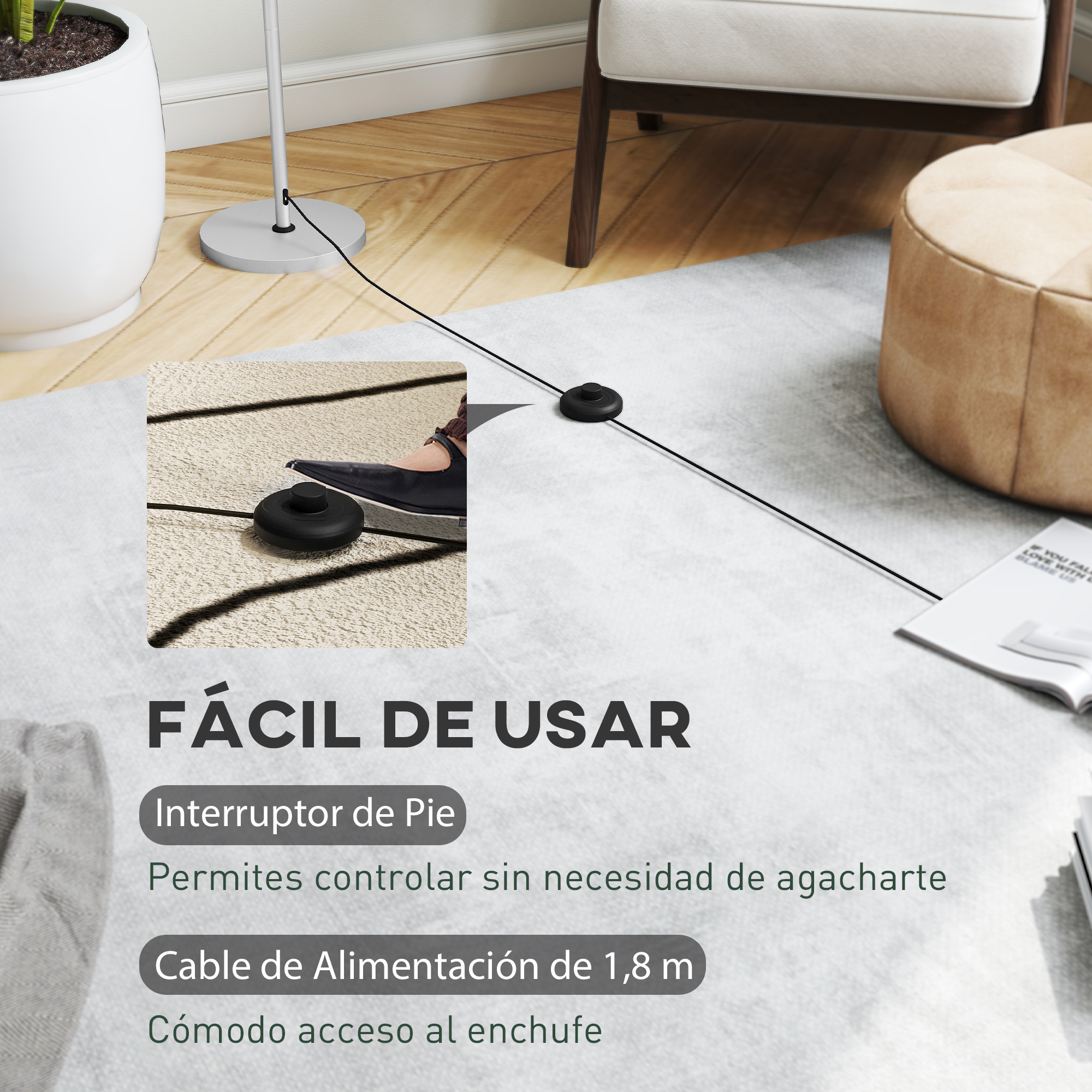 Un interruptor de pie está conectado por un cable que cruza una alfombra.