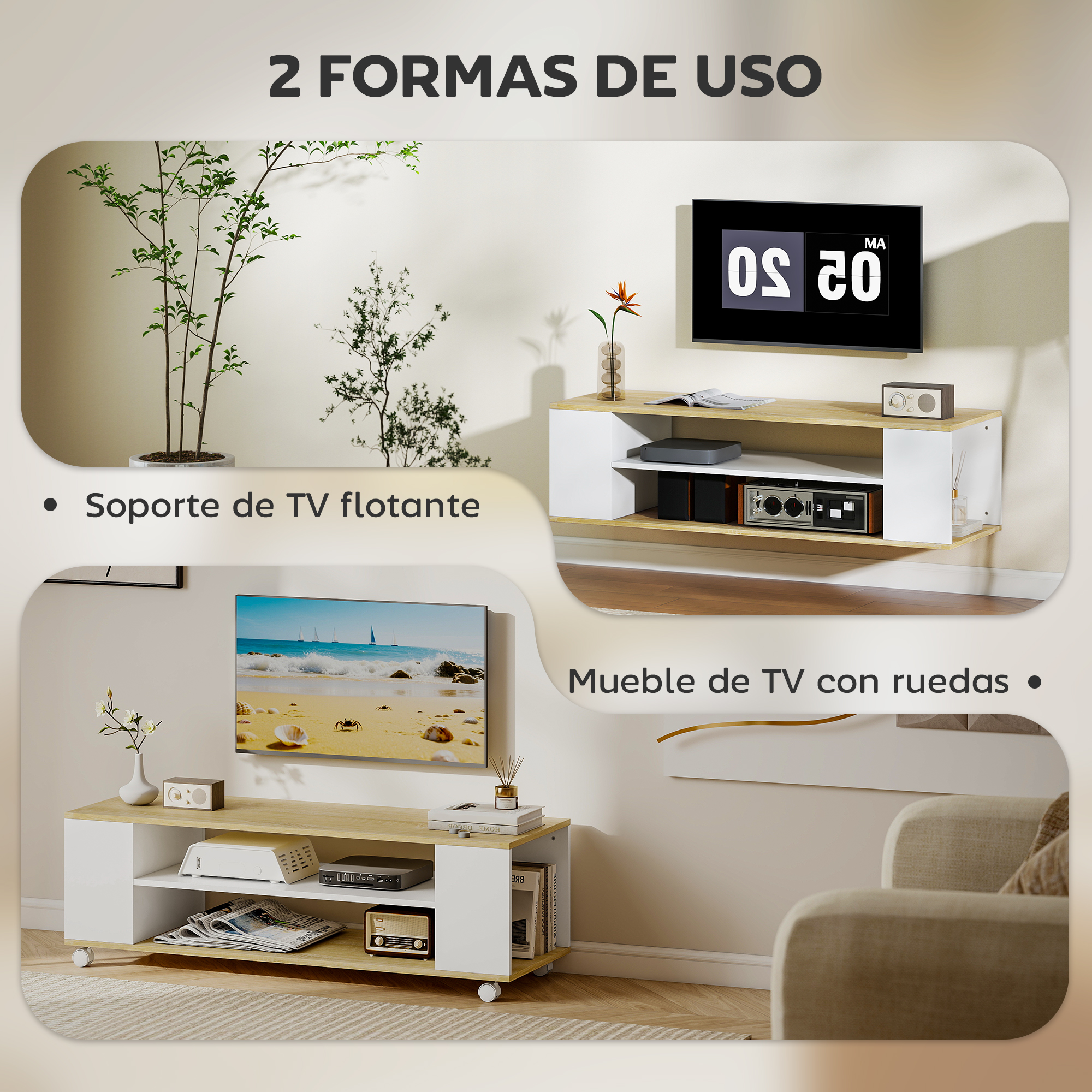 Un mueble de TV flotante y uno con ruedas con decoración y electrónica.