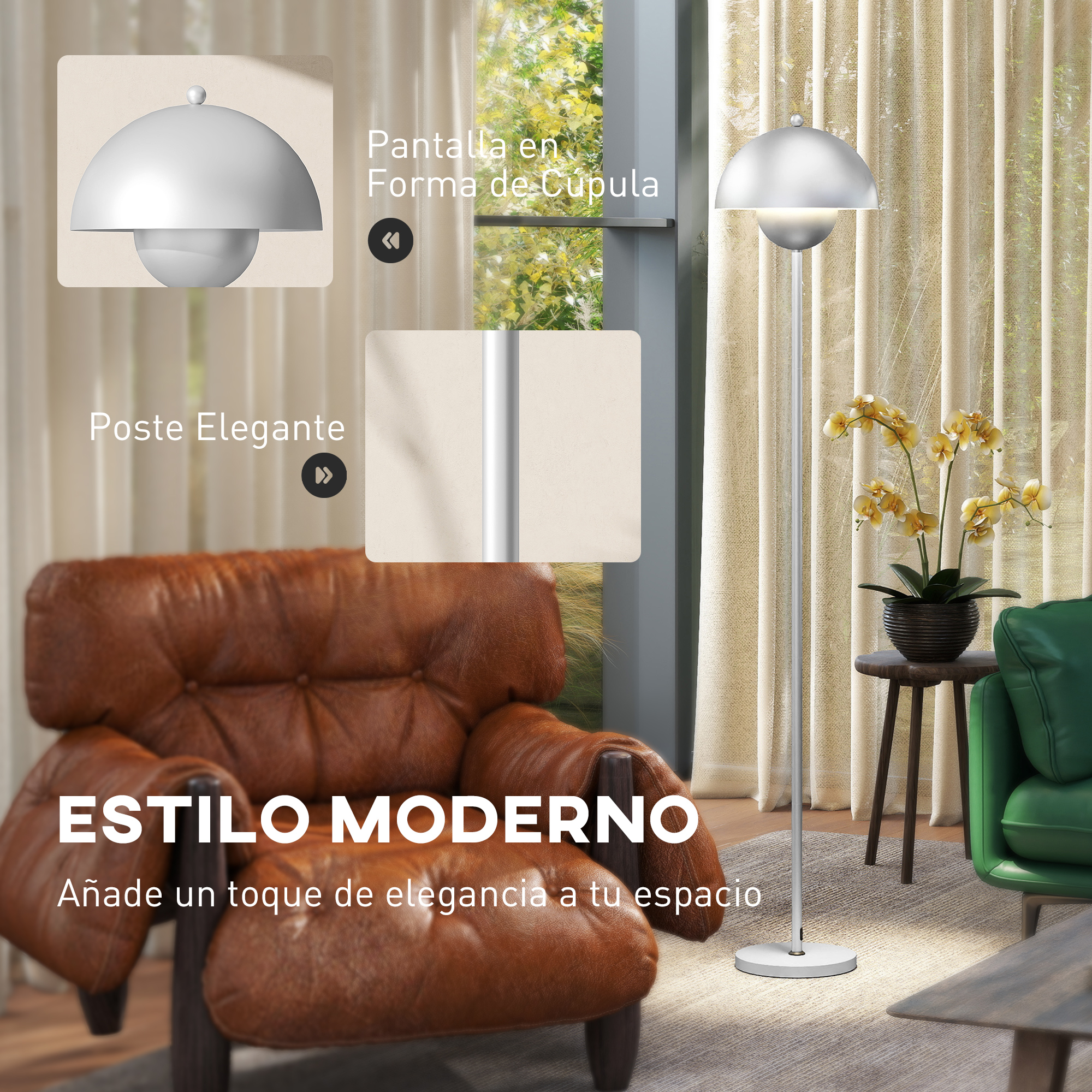 Lámpara de pie moderna en sala con sillón de cuero marrón y orquídeas.
