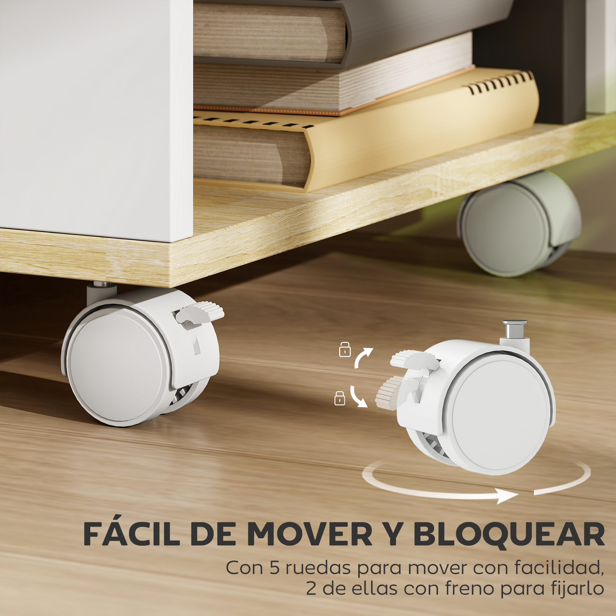 Ruedas blancas con freno en mueble de madera. Fácil de mover y bloquear.