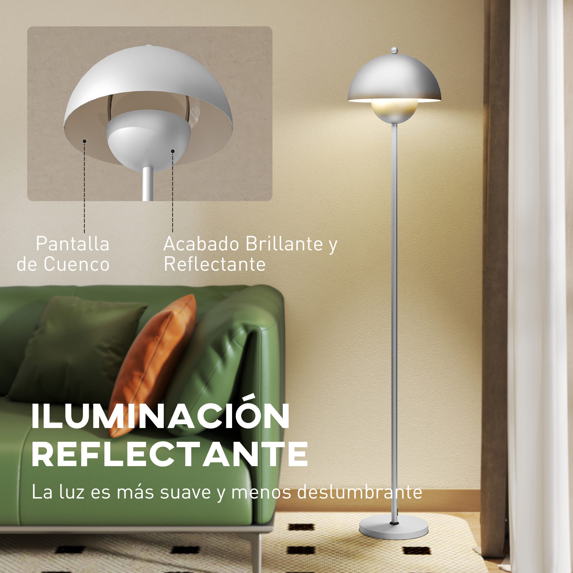 Una lámpara de pie moderna con pantalla blanca en forma de cuenco.