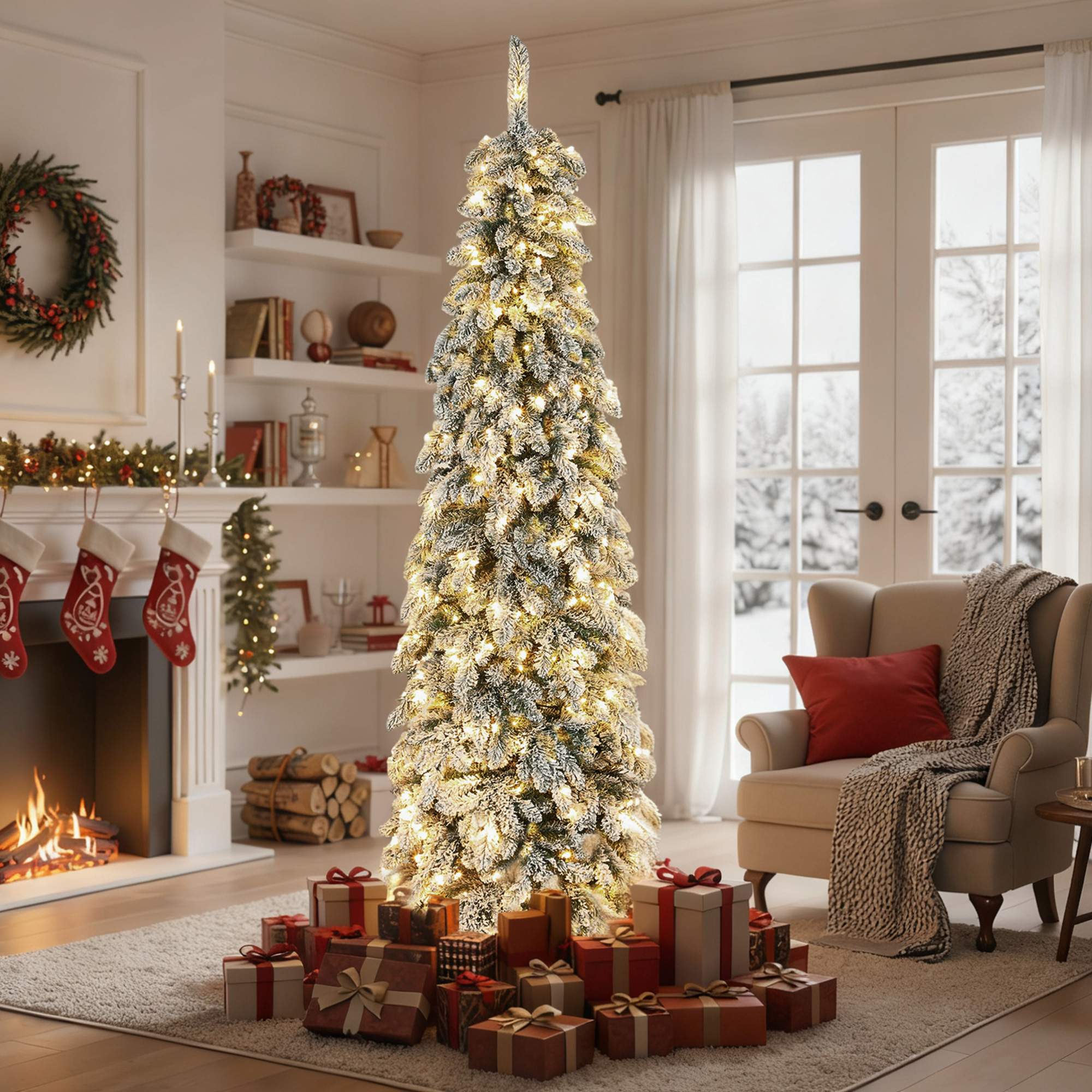 Un árbol de Navidad iluminado con regalos frente a una chimenea y un sillón.