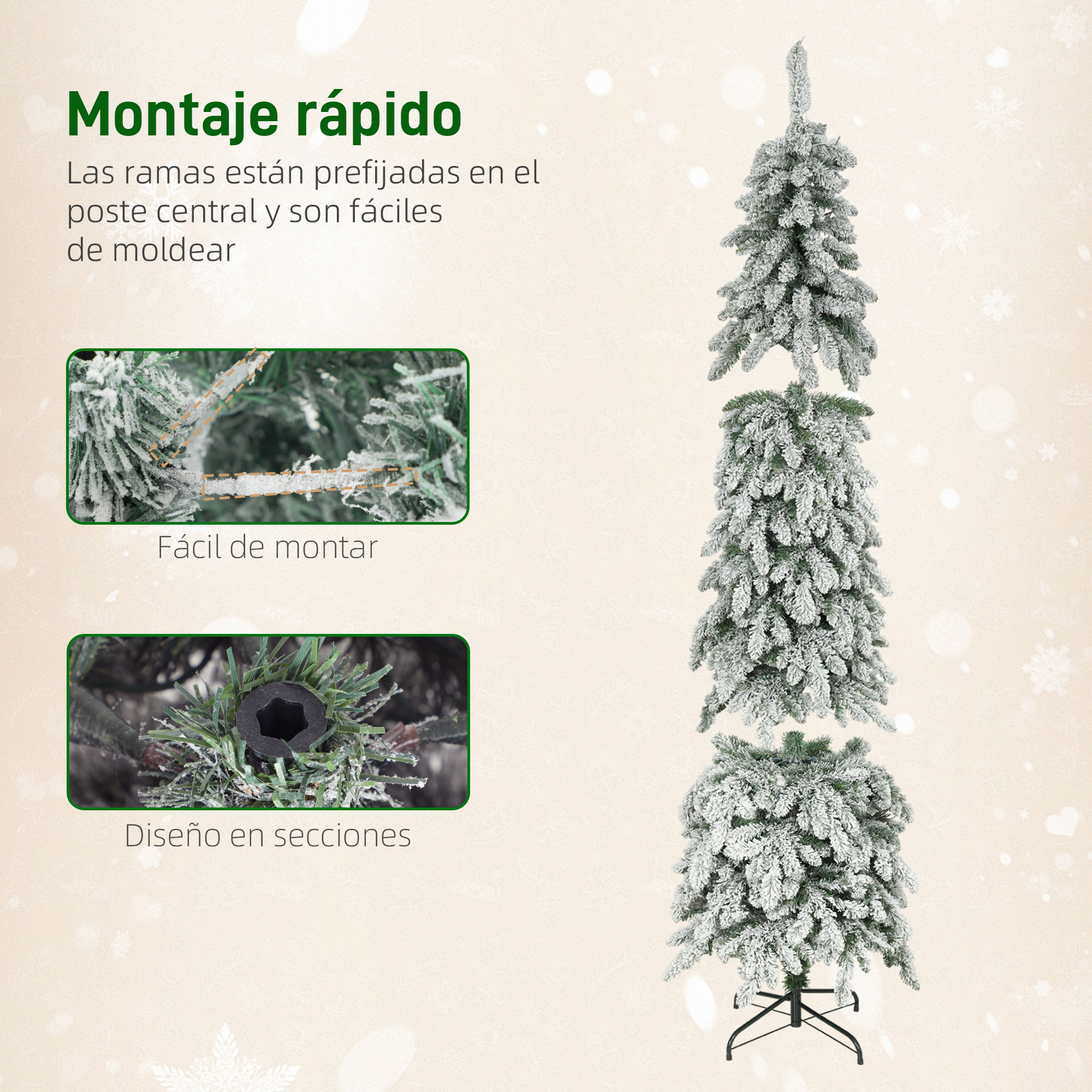 Un árbol de Navidad artificial nevado en tres secciones con detalles de montaje.