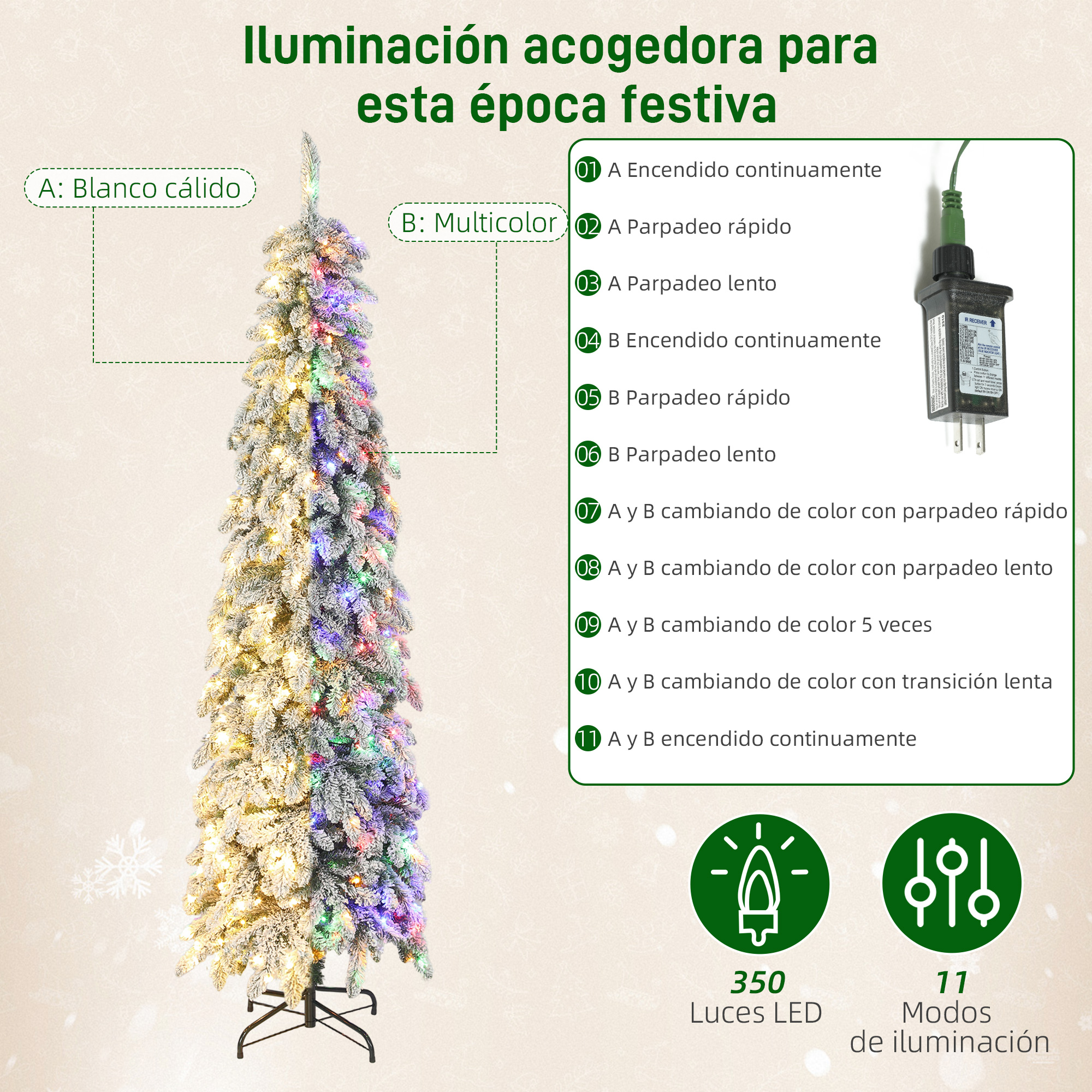 Árbol de Navidad decorado con luces blanco cálido y multicolor. 350 LEDs, 11 modos.