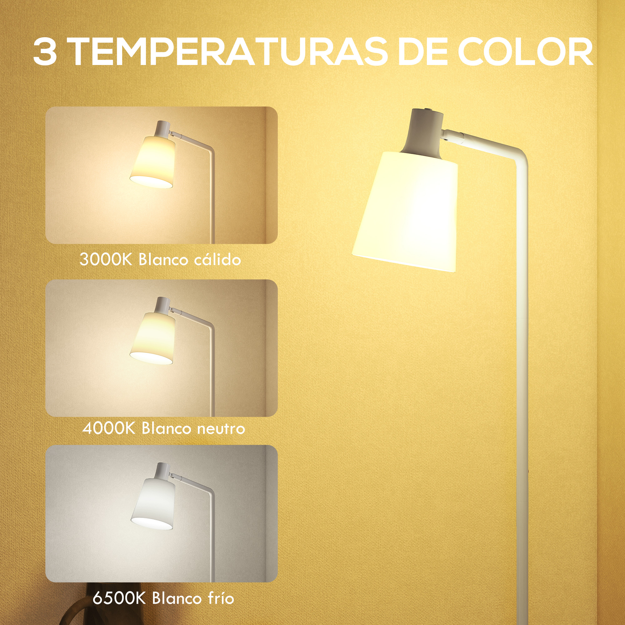 Una lámpara de pie muestra tres temperaturas de color: blanco cálido, neutro y frío.