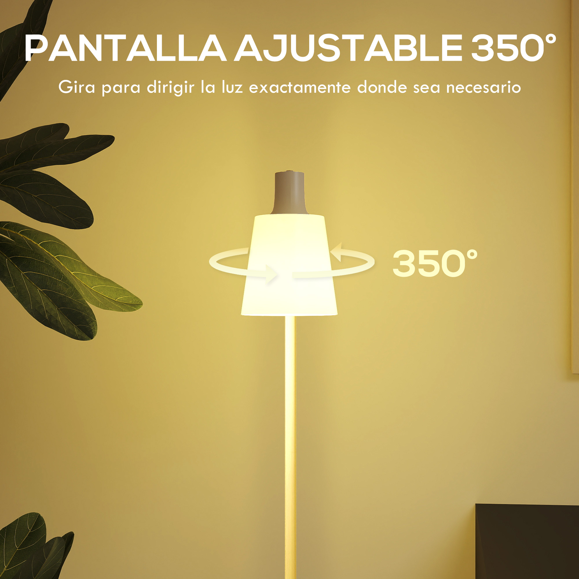 Una lámpara con pantalla ajustable de 350° sobre fondo amarillo.
