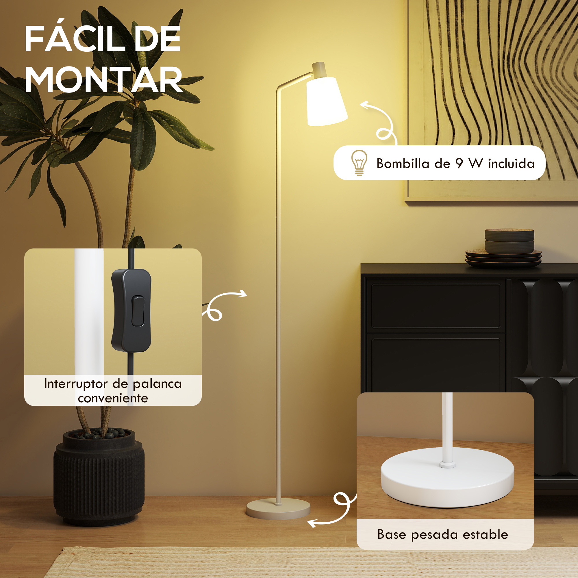 Una lámpara de pie moderna con interruptor, bombilla y base estable.