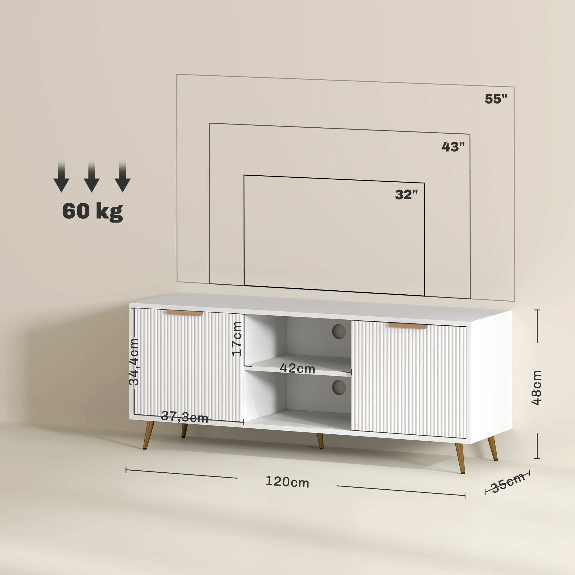 Un mueble de TV blanco con tiradores dorados, dimensiones y tamaños de TV.