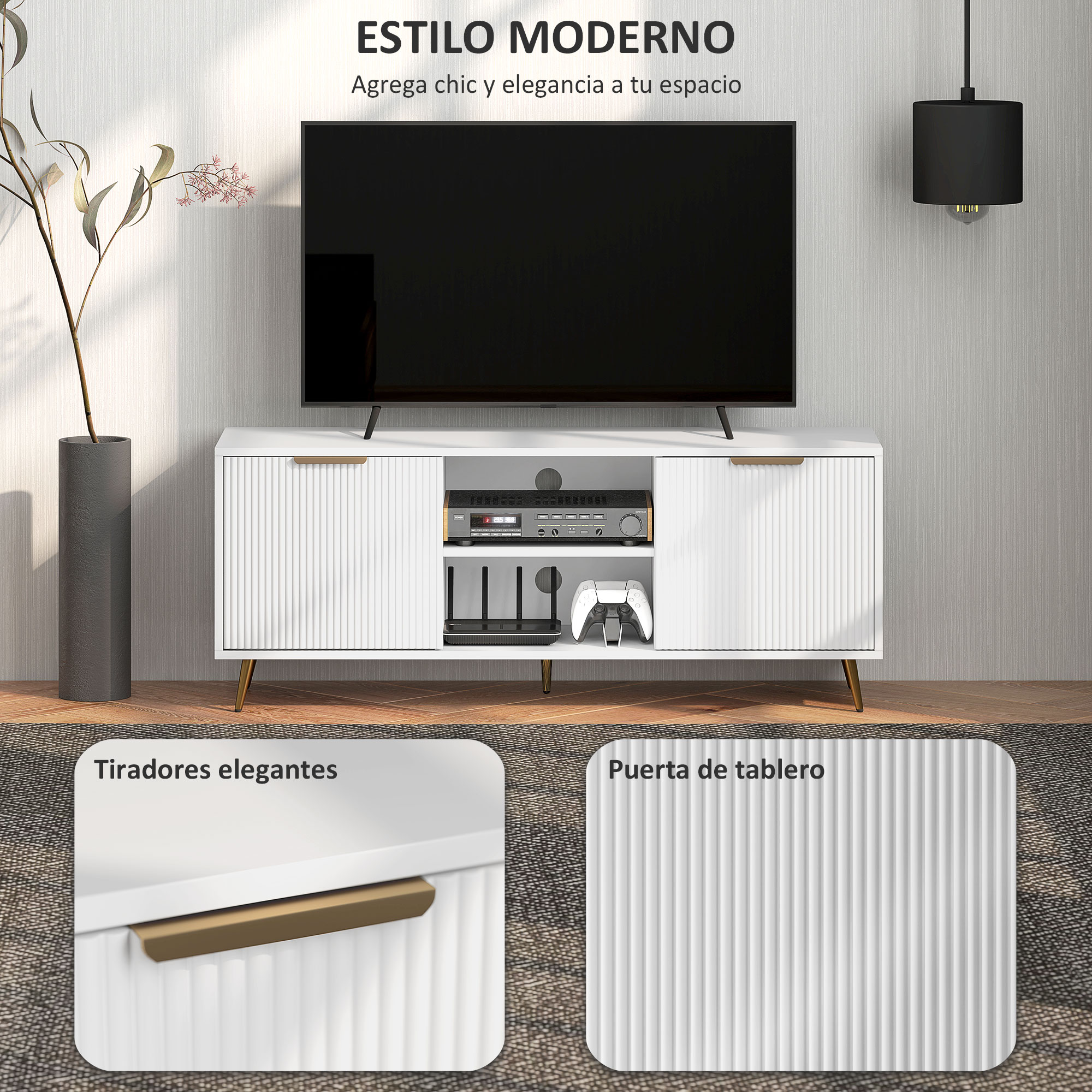 Un mueble de TV blanco moderno con puertas acanaladas y patas doradas.