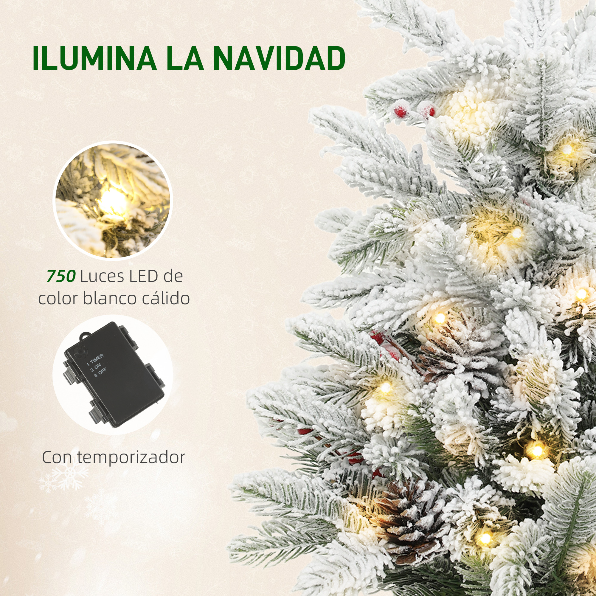 Árbol de Navidad nevado con luces LED blancas cálidas y caja de batería.