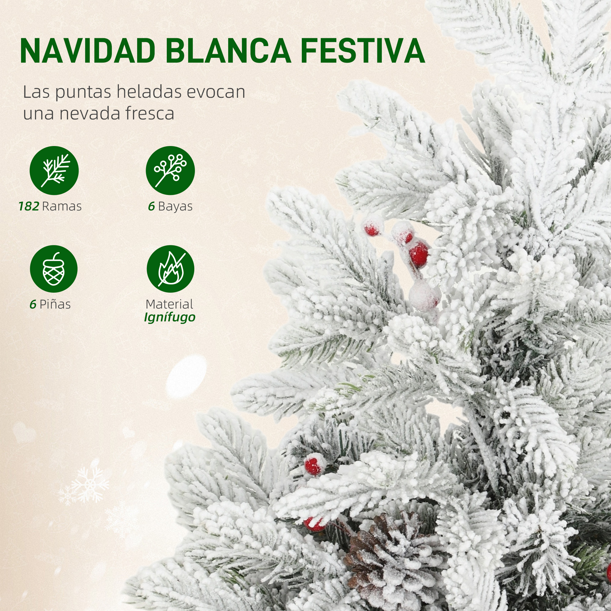 Ramas de árbol de Navidad cubiertas de nieve con bayas rojas.
