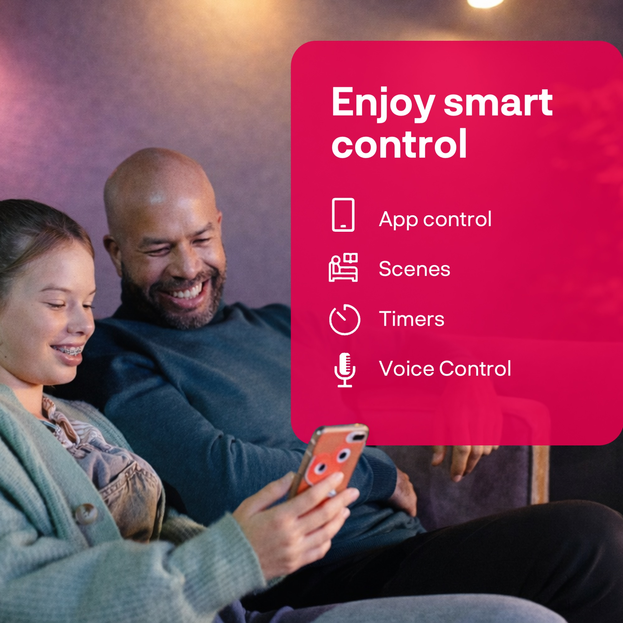 A man and a girl look at a phone; red panel lists app control, scenes, timers, voice.