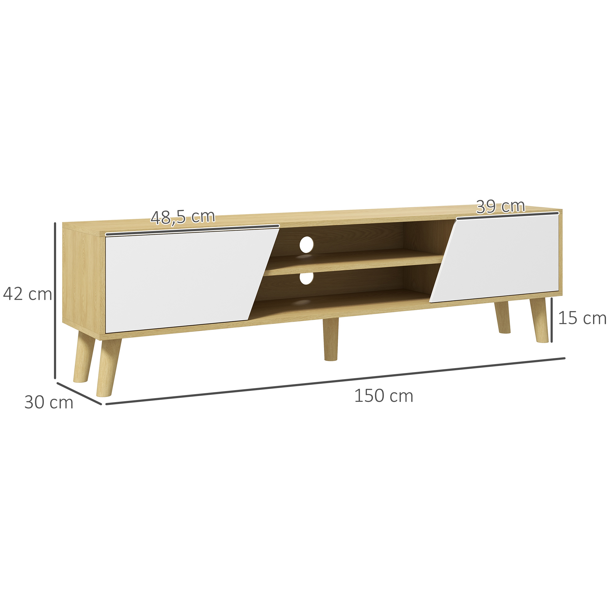Un mueble de TV de madera con puertas blancas y estantes abiertos.