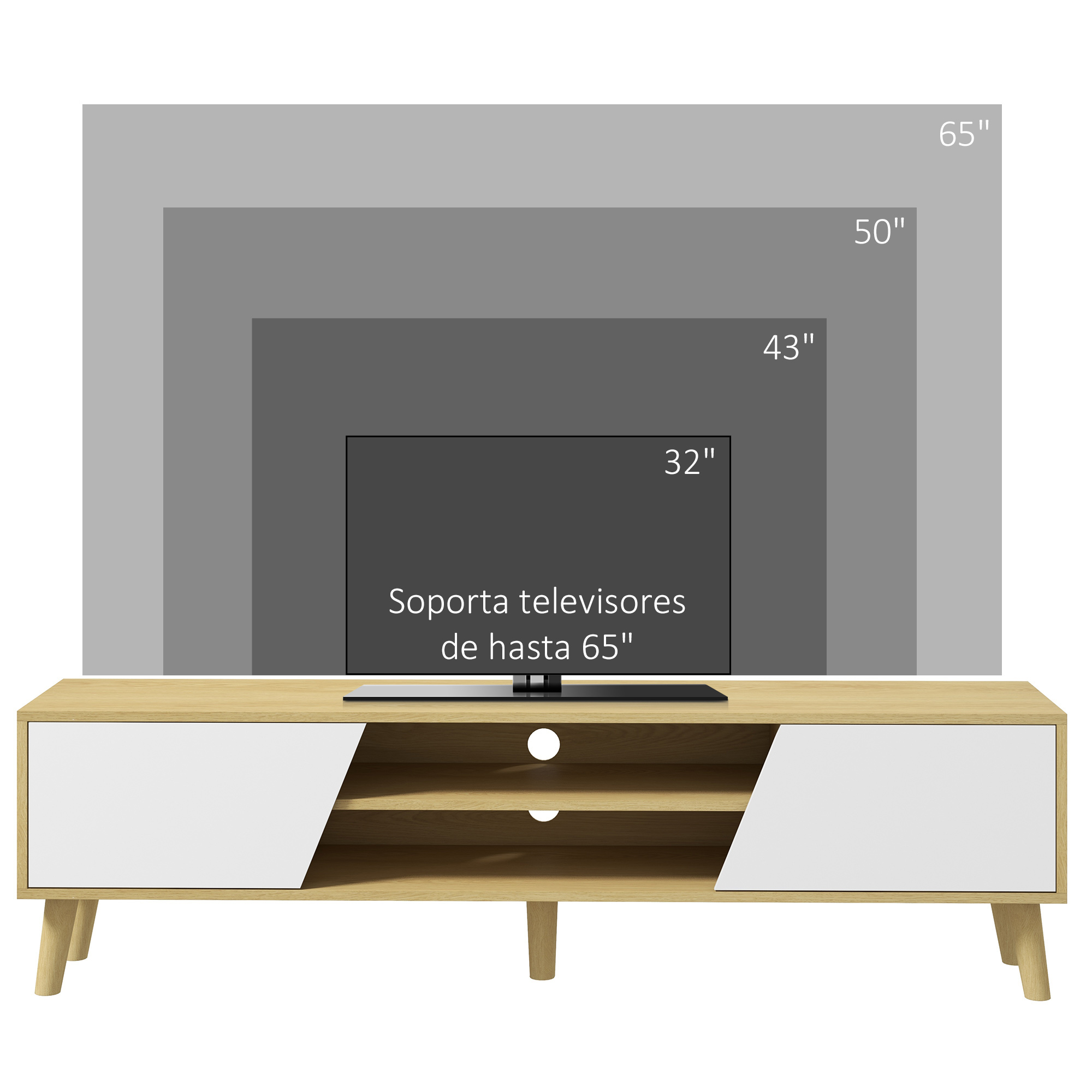 Un mueble de TV con cajones y estantes abiertos, con un televisor encima.
