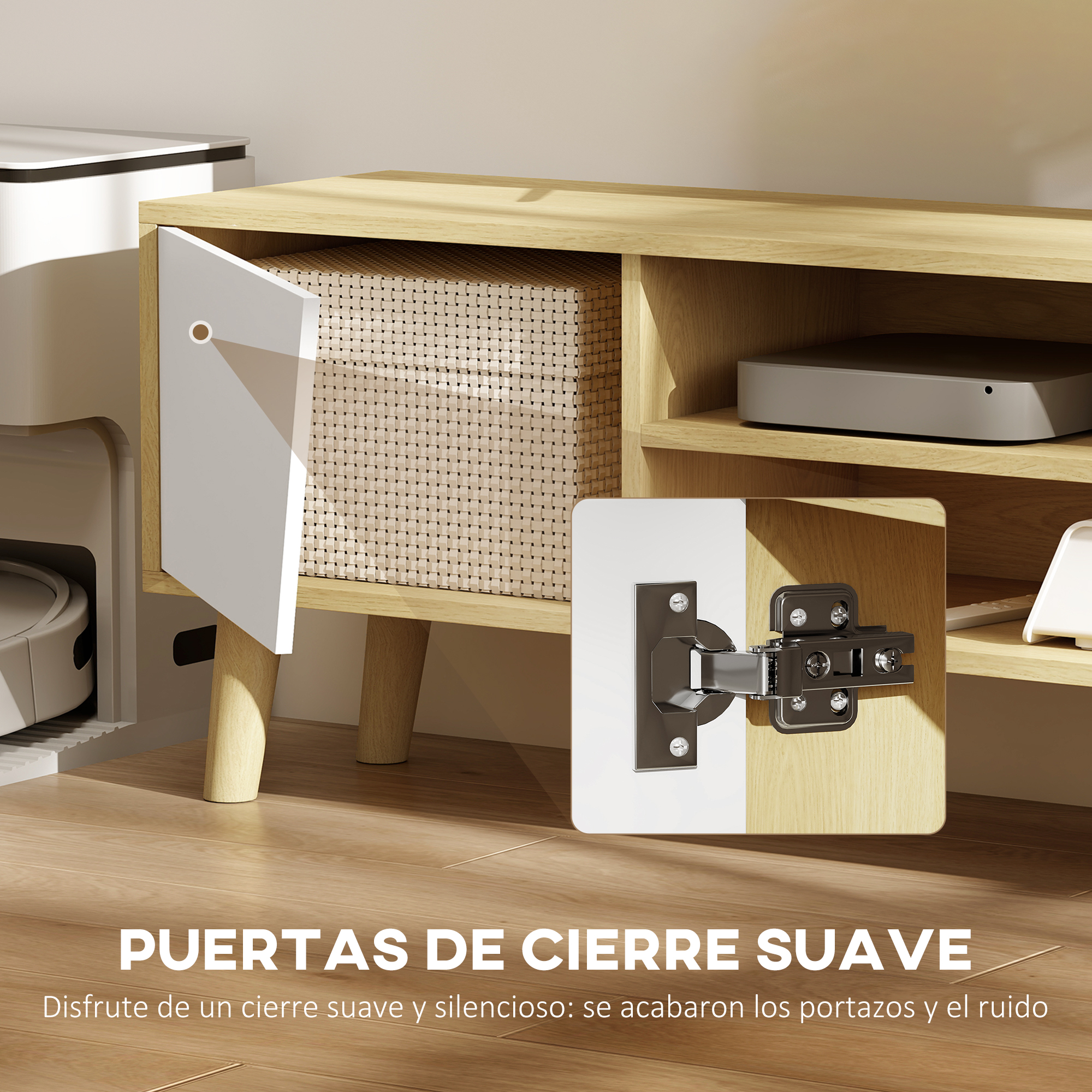 Un armario con puerta blanca, cesta y detalle de bisagra metálica.