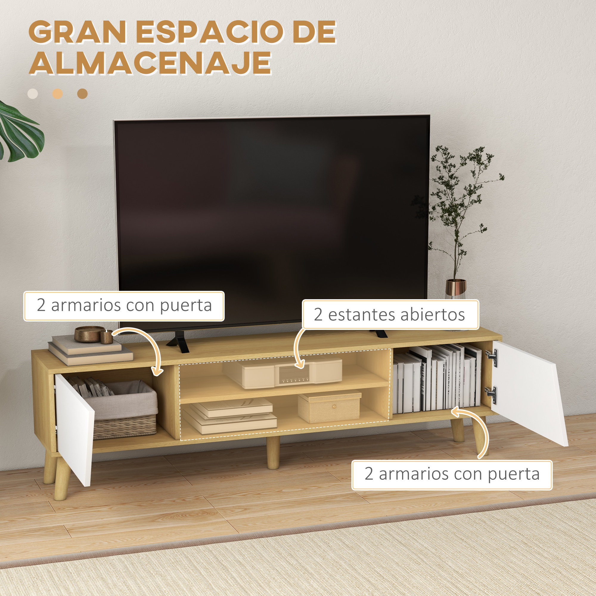 Mueble de TV de madera con estantes, cajones y puertas. Televisor encima.