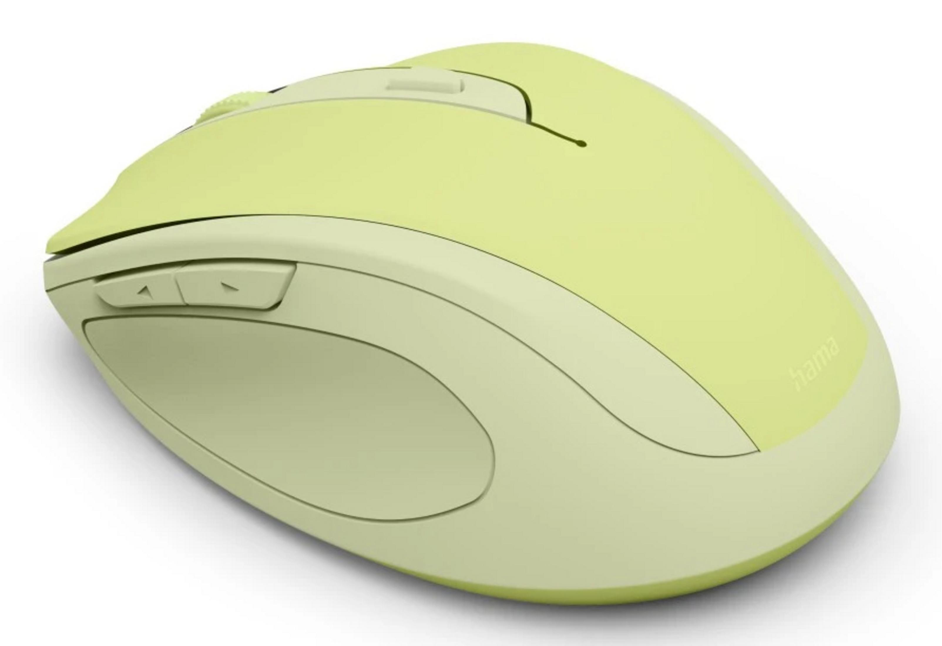 Un mouse da computer verde chiaro con rotellina e pulsanti laterali.