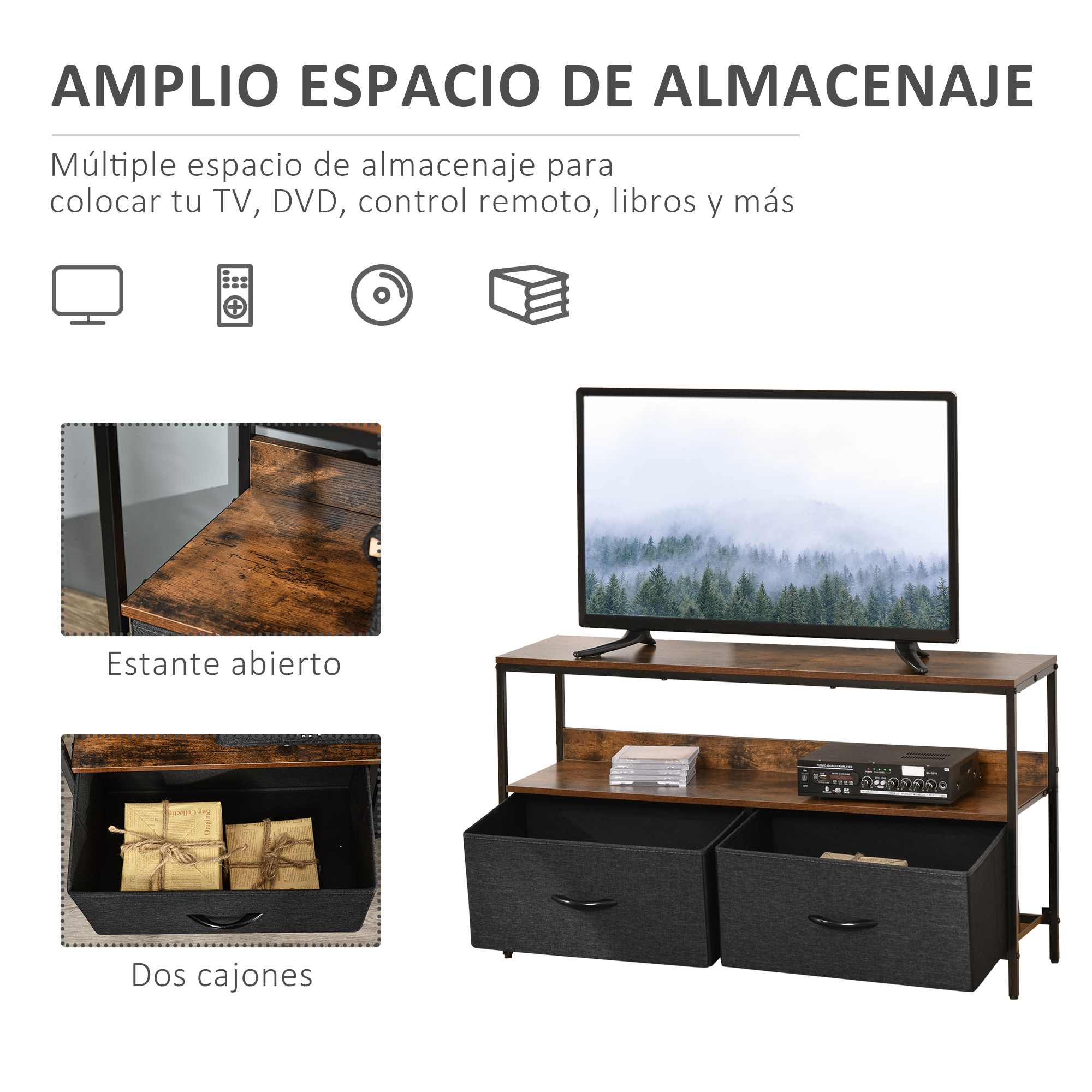 Mueble de TV de madera con dos cajones negros, estante abierto y aparatos.