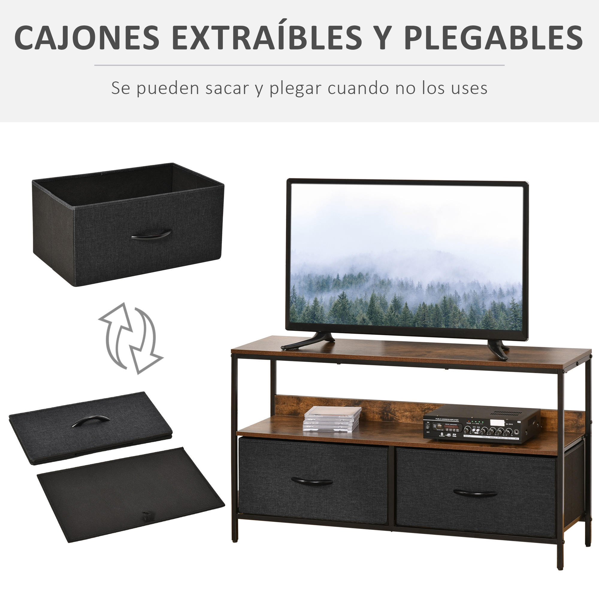 Un mueble de TV con cajones, un televisor y un amplificador.