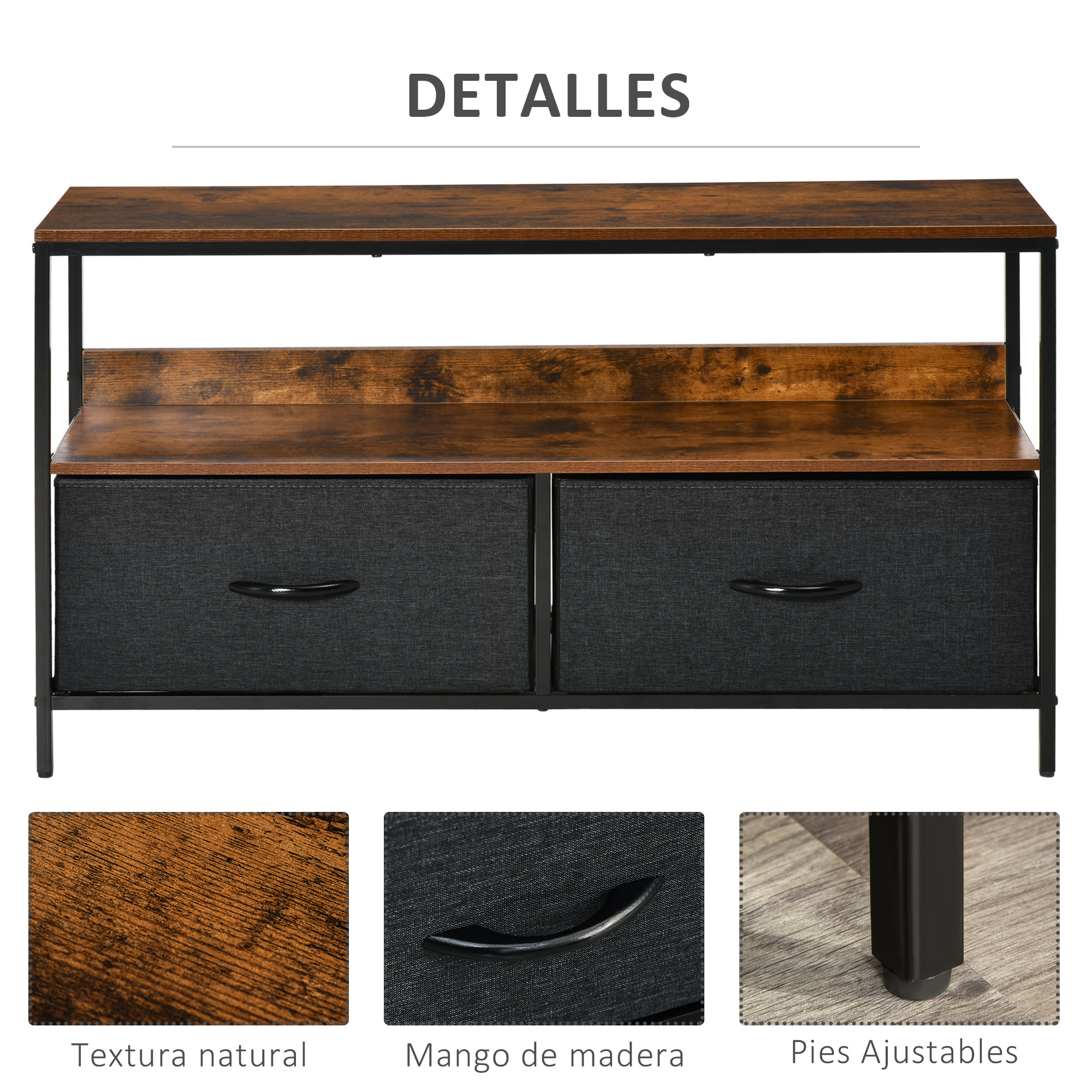 Un mueble con estante superior de madera y dos cajones oscuros de tela.