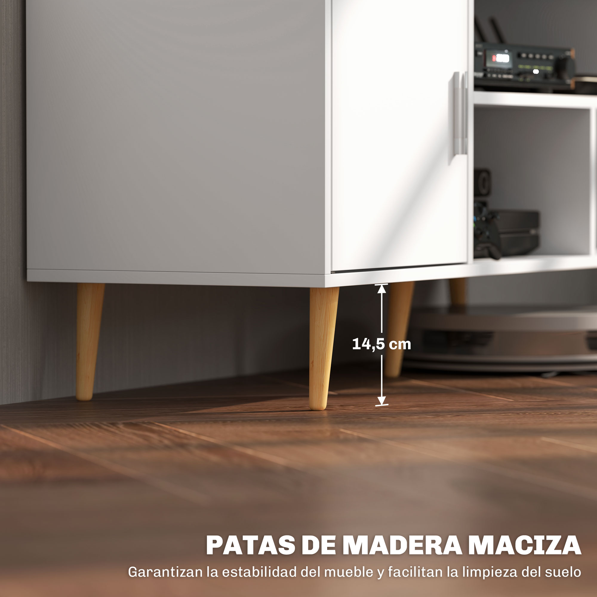Mueble blanco sobre patas de madera, 14,5 cm de alto. Electrónica.