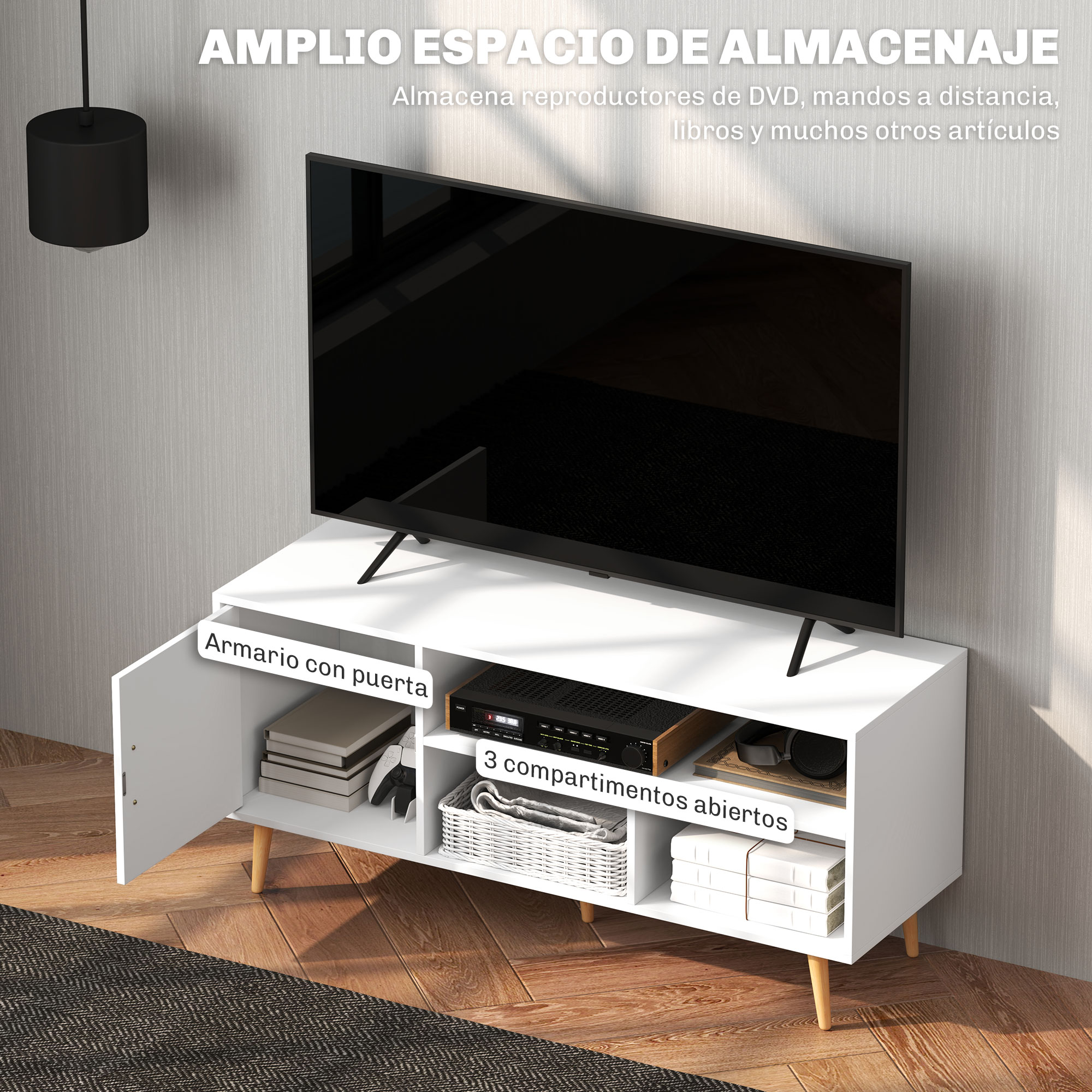 Un mueble de TV blanco con TV, estantes y puerta de armario abierta.