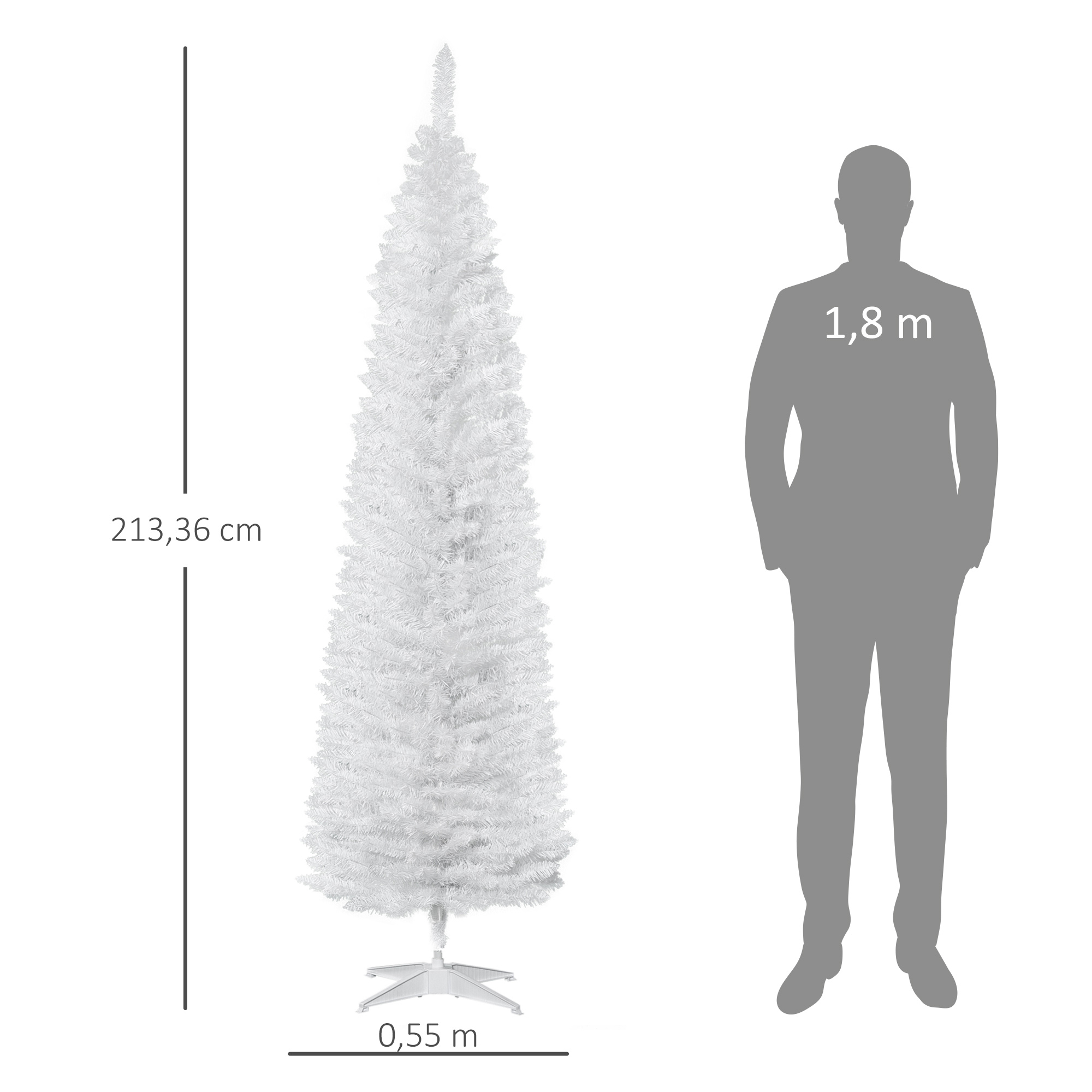 Un árbol de Navidad blanco de 2,13 m de alto y 0,55 m de ancho junto a una silueta de 1,8 m.