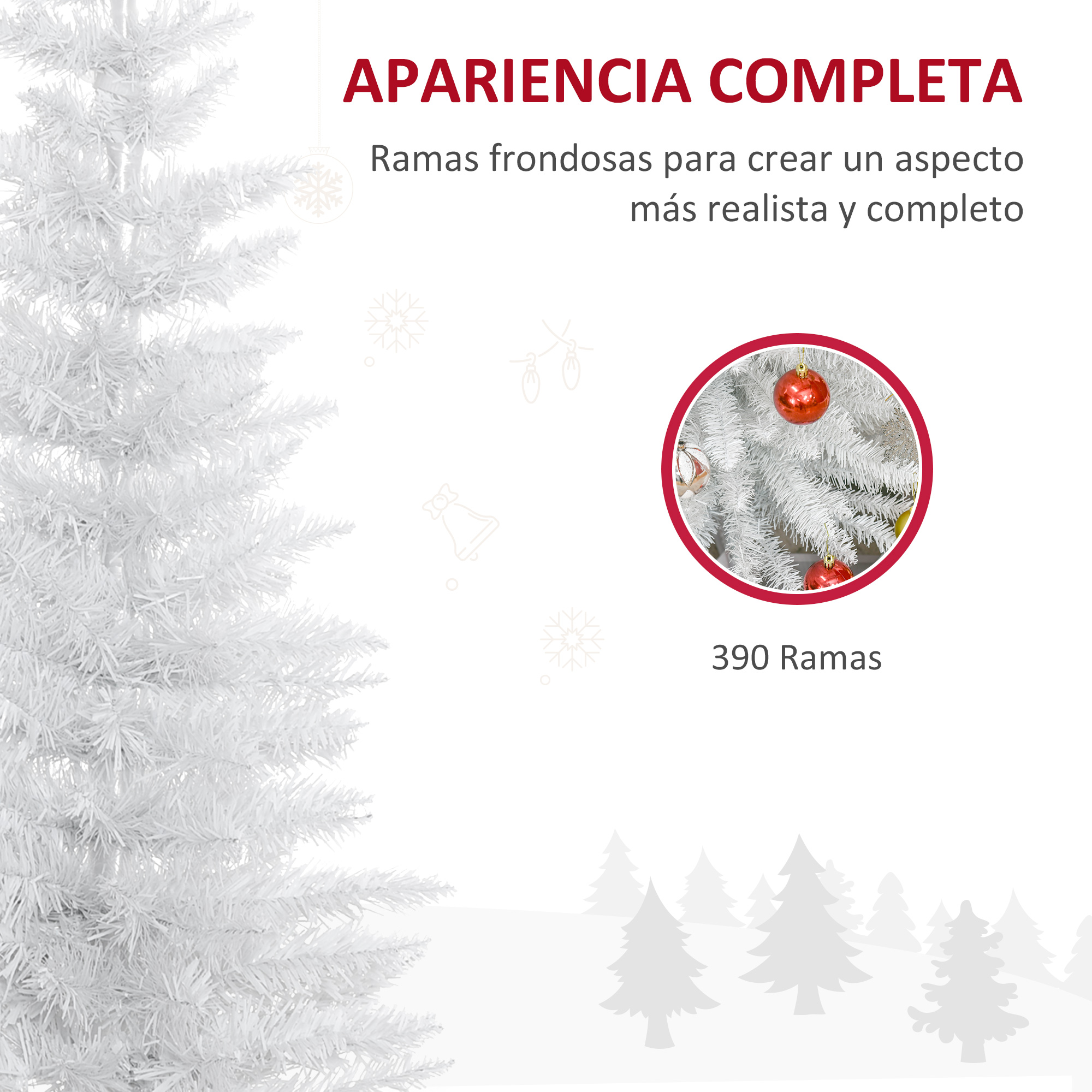Árbol de Navidad artificial blanco con adornos rojos y ramas.