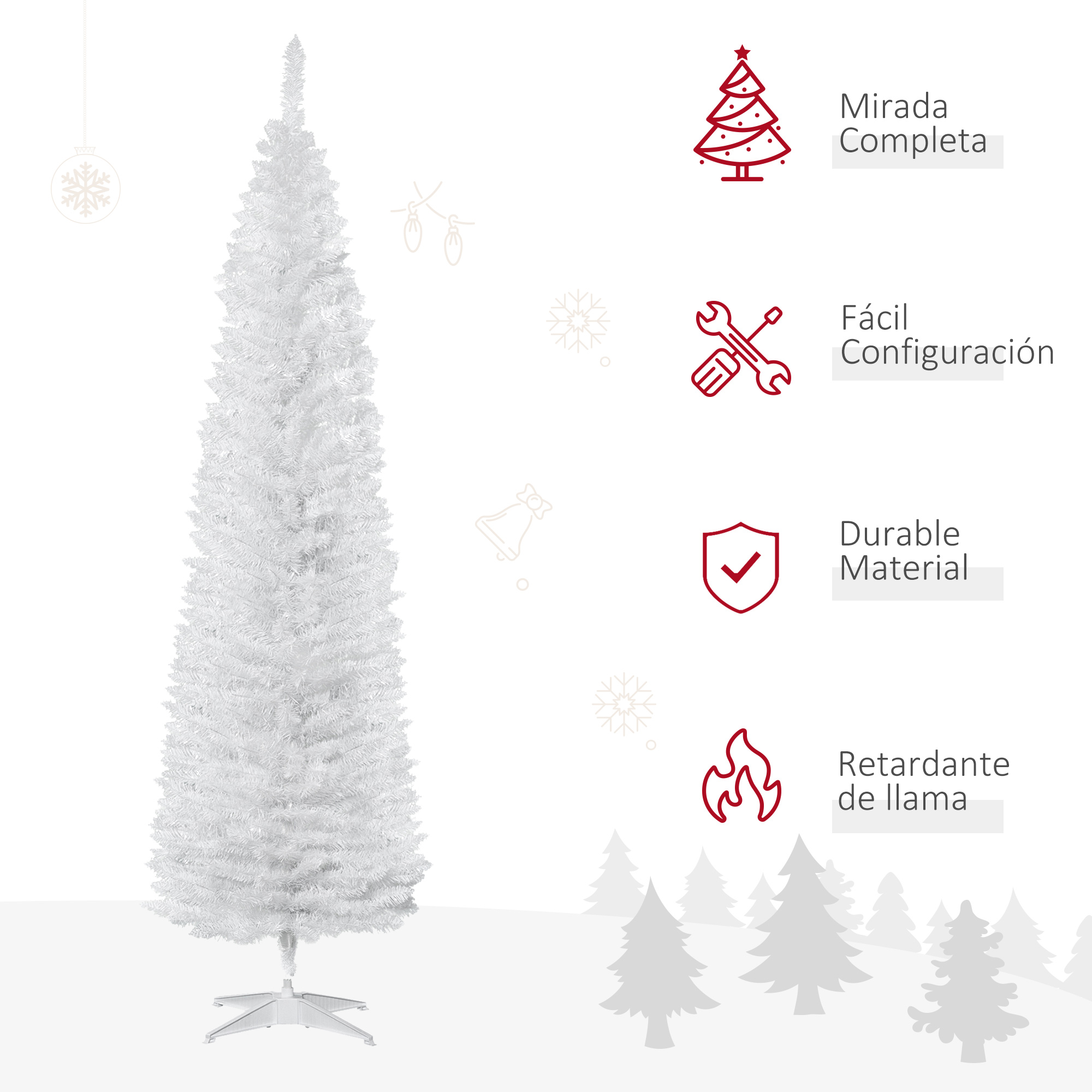Un árbol de Navidad artificial blanco sobre una base de estrella. Iconos al lado.