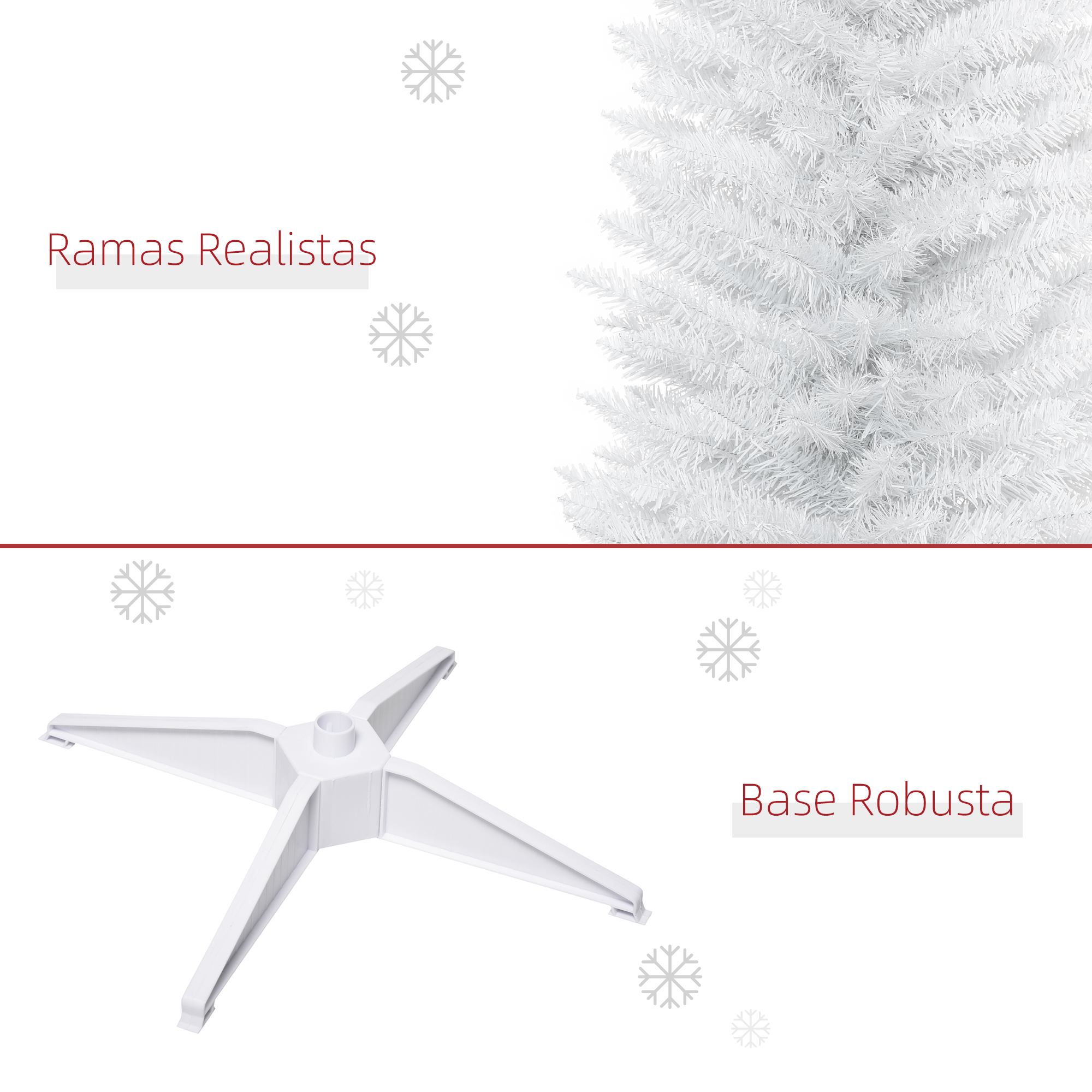 Un árbol de Navidad blanco y un soporte blanco con copos de nieve.