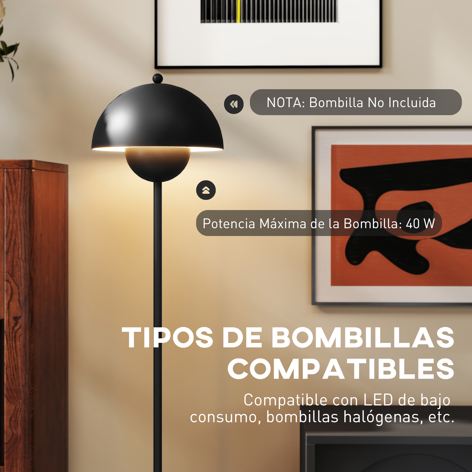 Lámpara de pie negra con pantalla de cúpula, indica bombilla máx 40W.