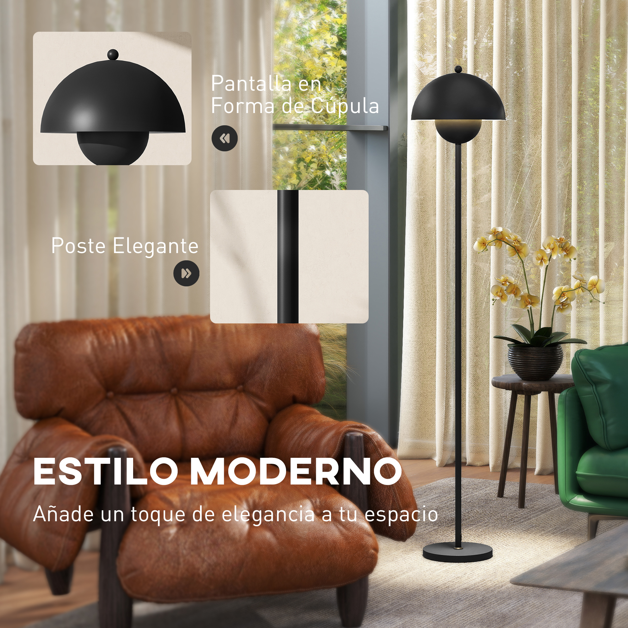 Lámpara de pie moderna con pantalla de cúpula junto a sillón de cuero.