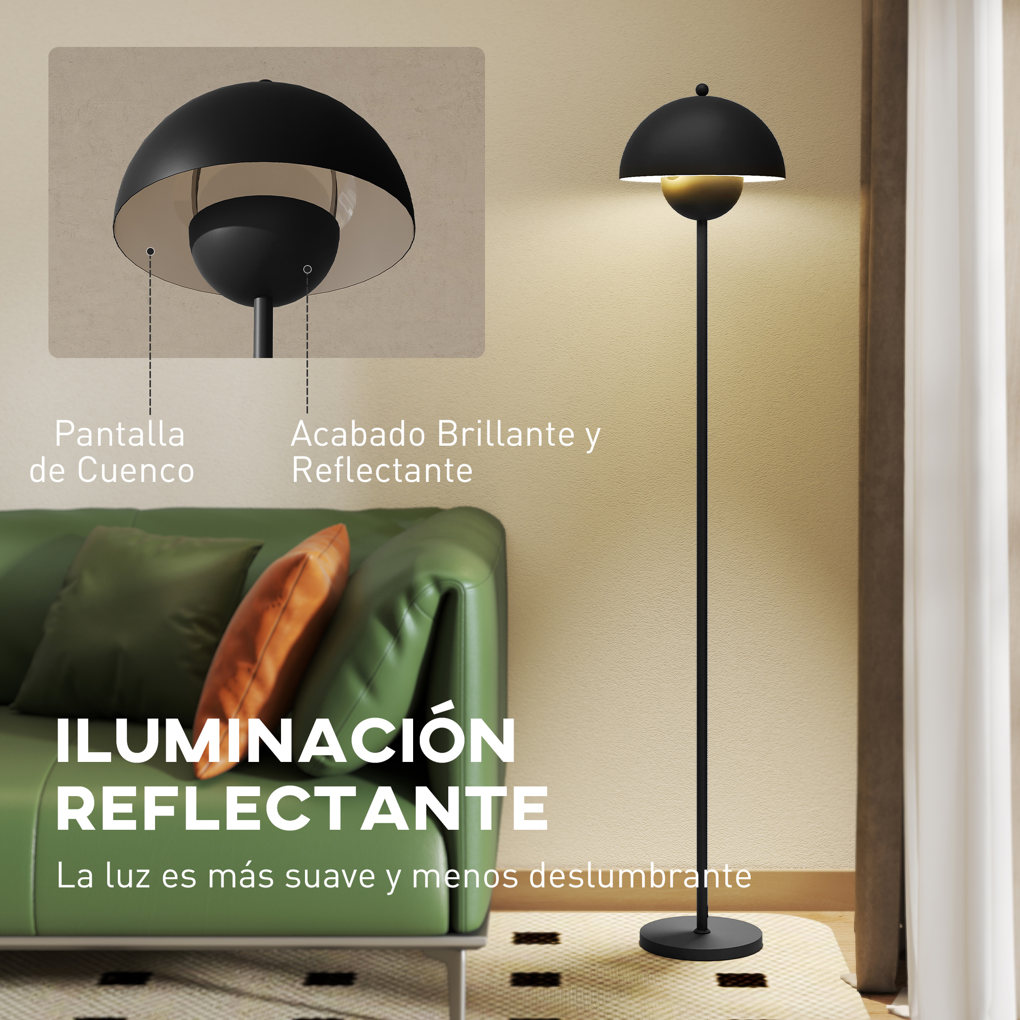 Una lámpara de pie negra con interior reflectante junto a un sofá.