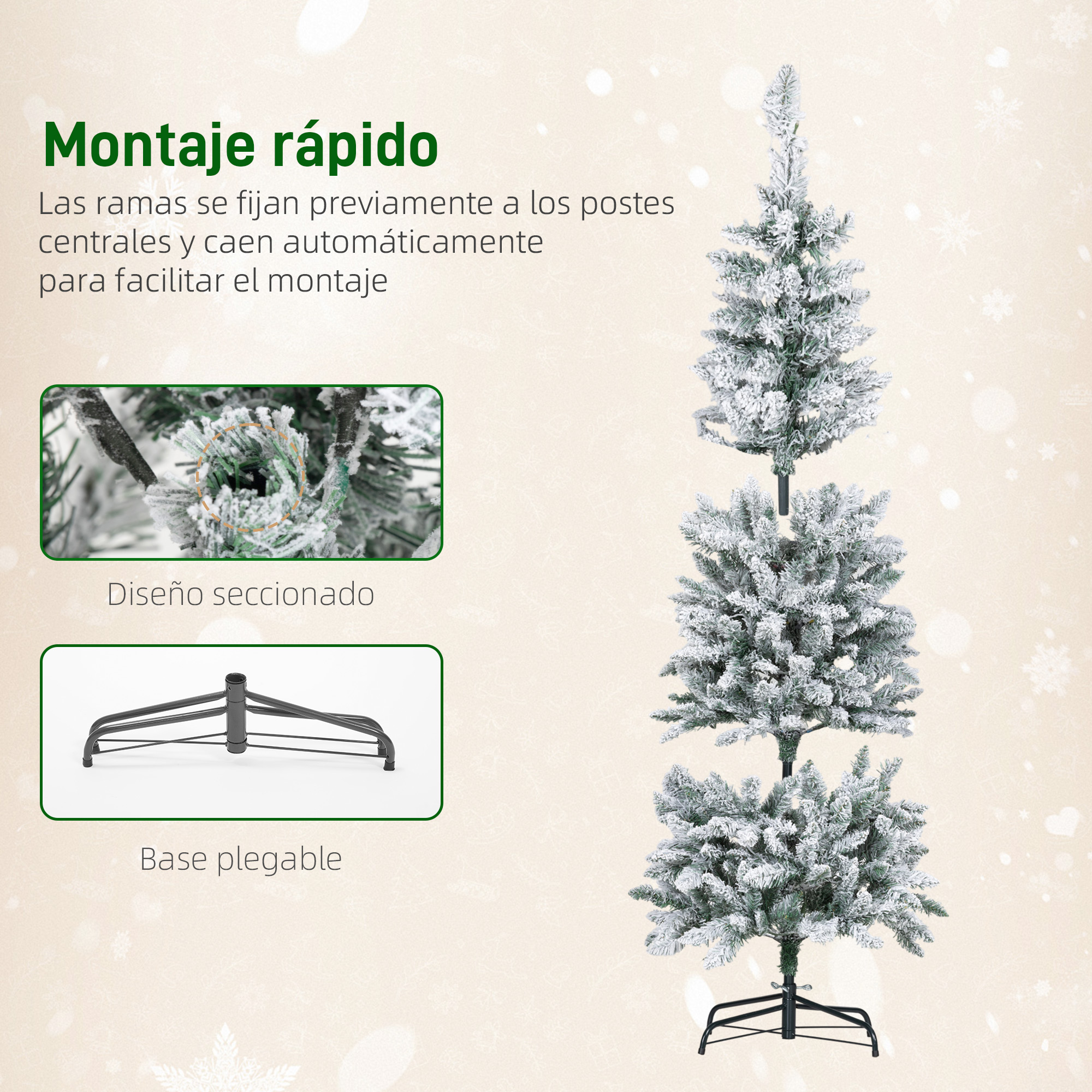 Un árbol de Navidad artificial con nieve y una base.