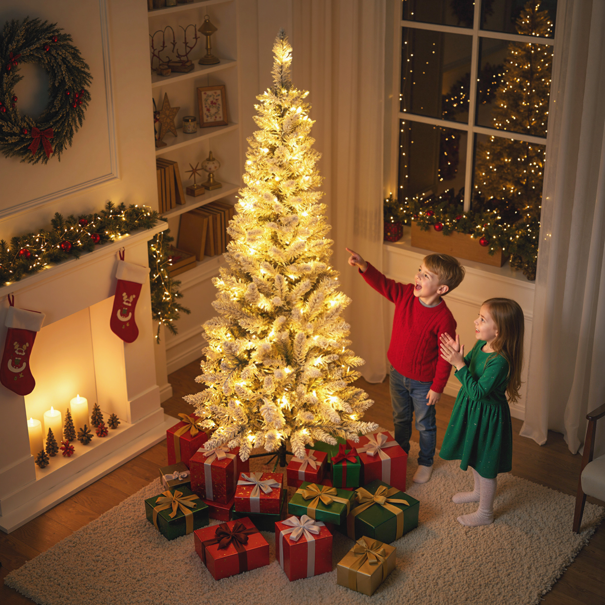 Dos niños están ante un árbol de Navidad iluminado con regalos.