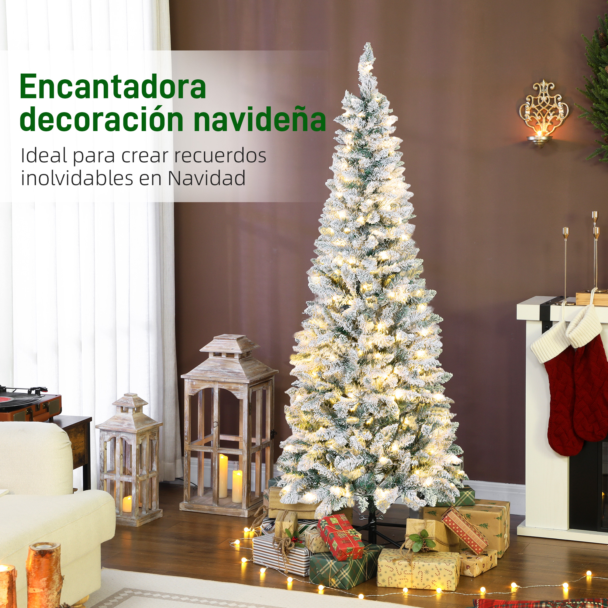 Un árbol de Navidad iluminado con nieve y regalos.