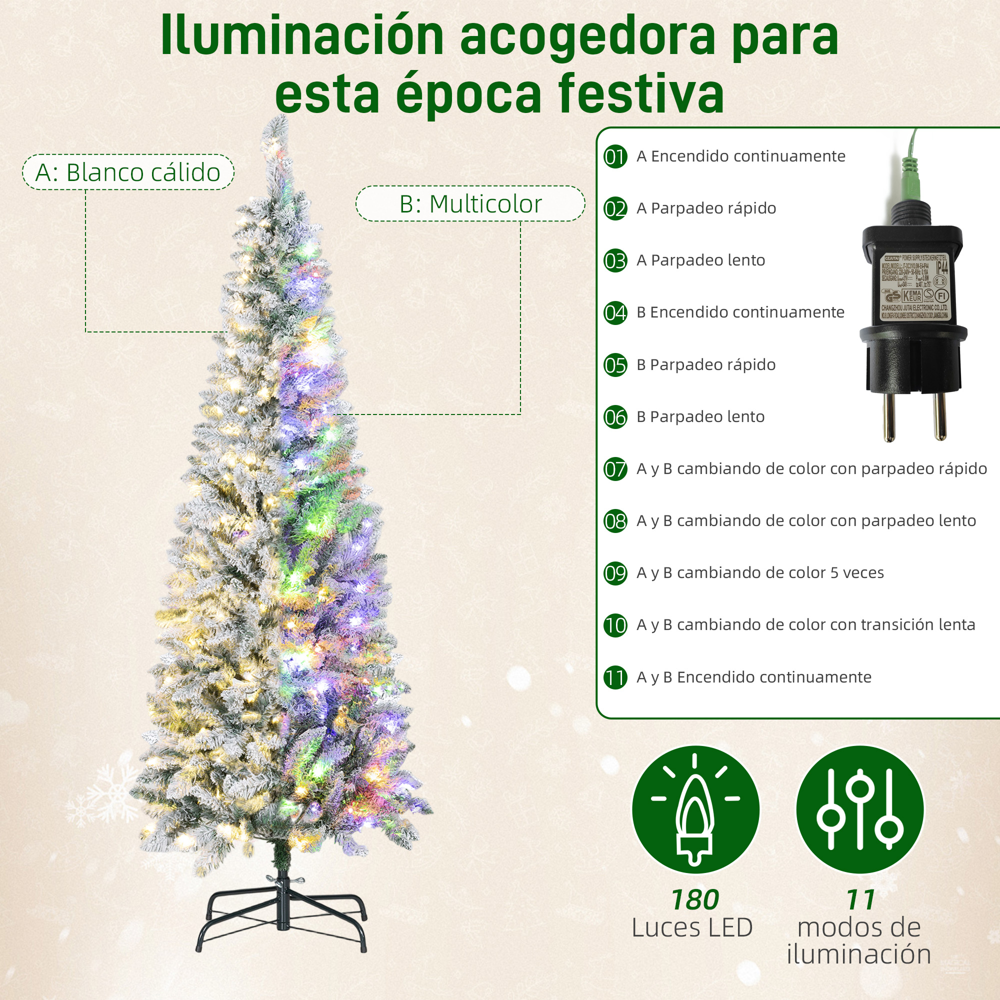 Árbol de Navidad blanco nevado con luces multicolores y modos de iluminación.
