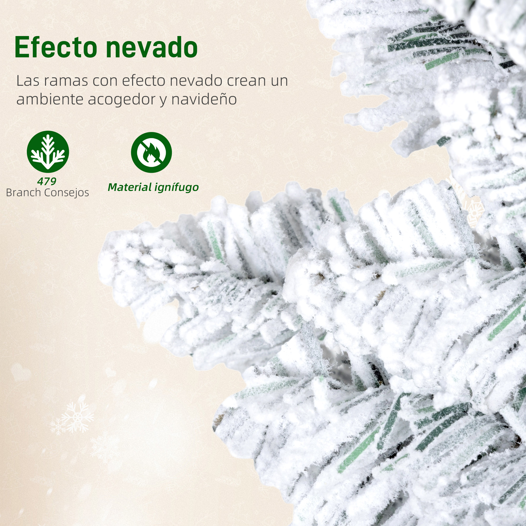 Primer plano de una rama de árbol de Navidad con efecto nieve, agujas verdes y nieve artificial.