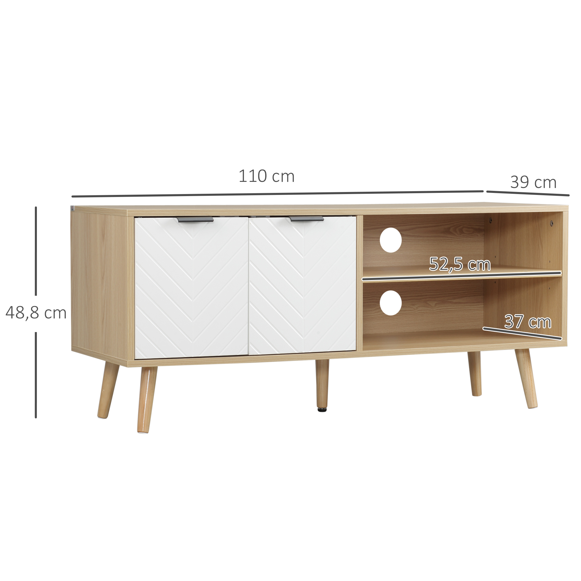 Mueble de TV de madera con dos puertas blancas y estantes.