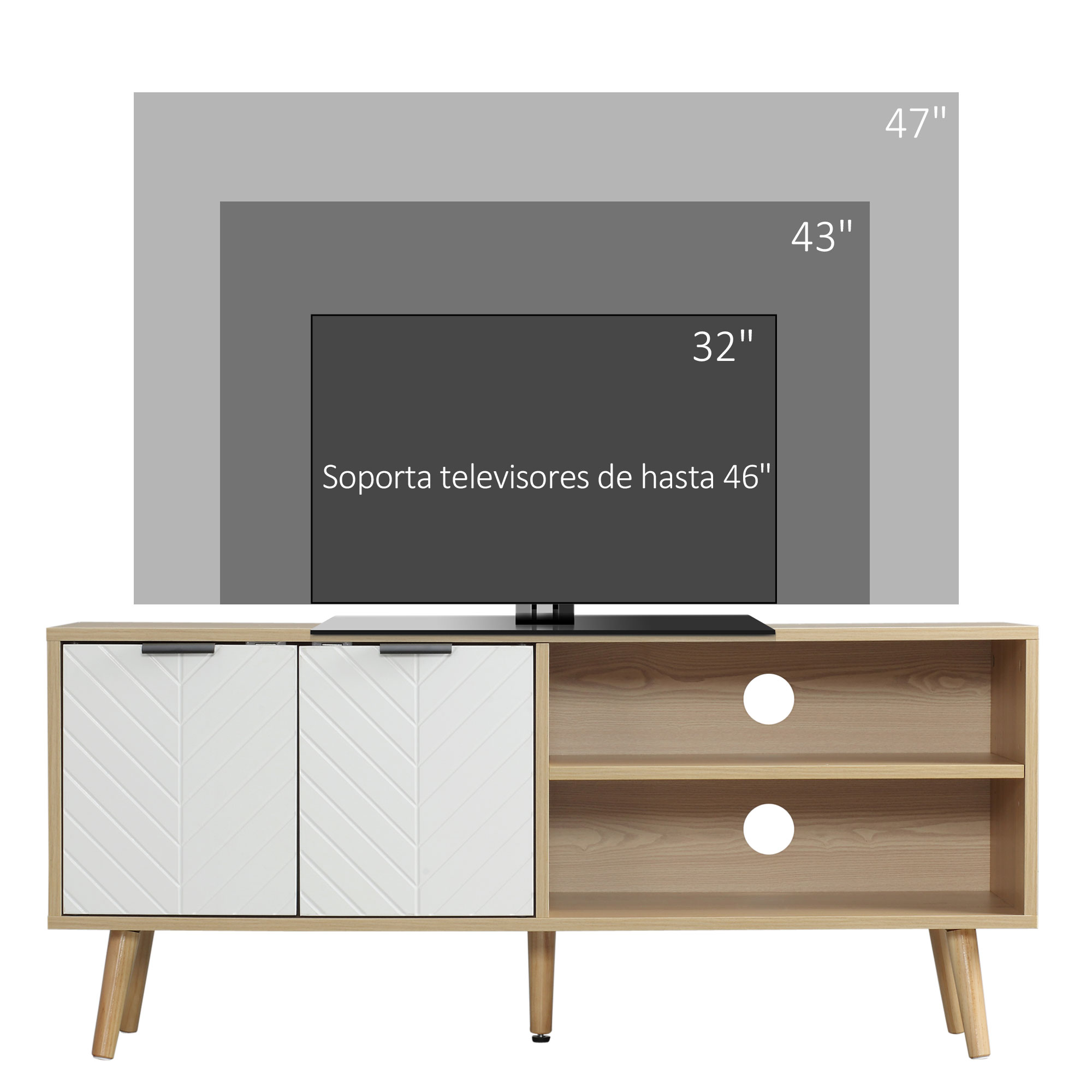 Mueble TV de madera con puertas blancas y estantes abiertos, mostrando tamaños.
