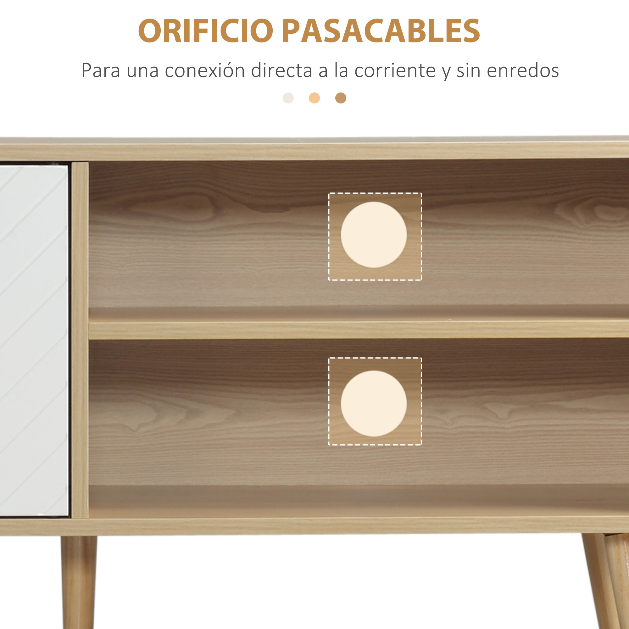 Mueble de TV de madera con dos estantes abiertos y dos pasacables.