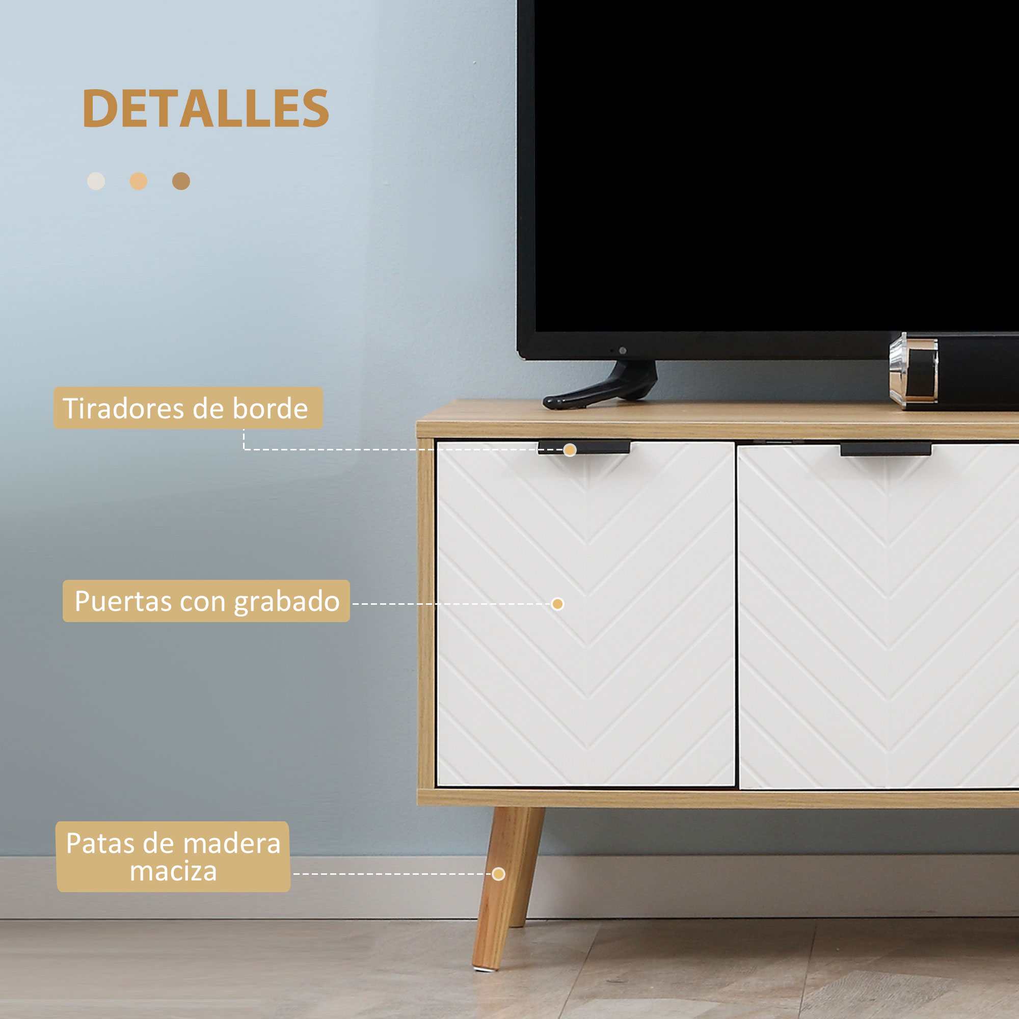 Un mueble de TV con dos puertas blancas con patrón de espiga y patas de madera.