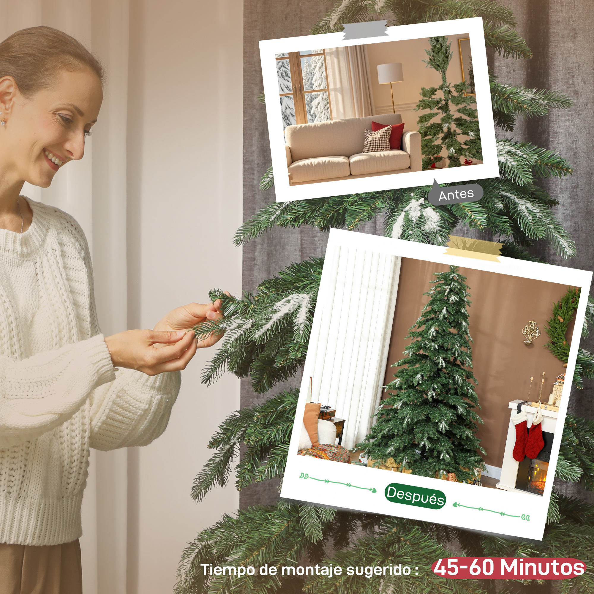 Mujer decorando árbol de Navidad. Fotos muestran árbol antes y después.