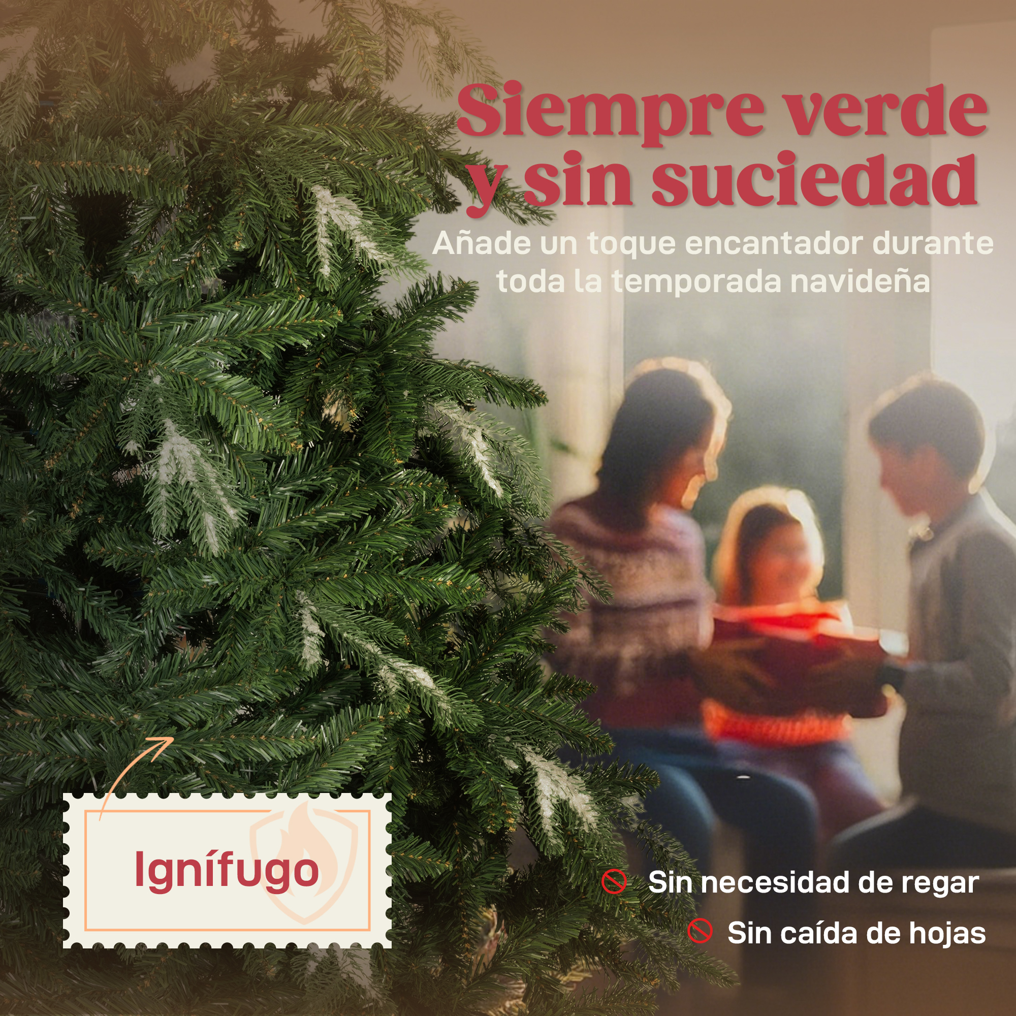 Un árbol de Navidad realista con familia al fondo. Ignífugo.
