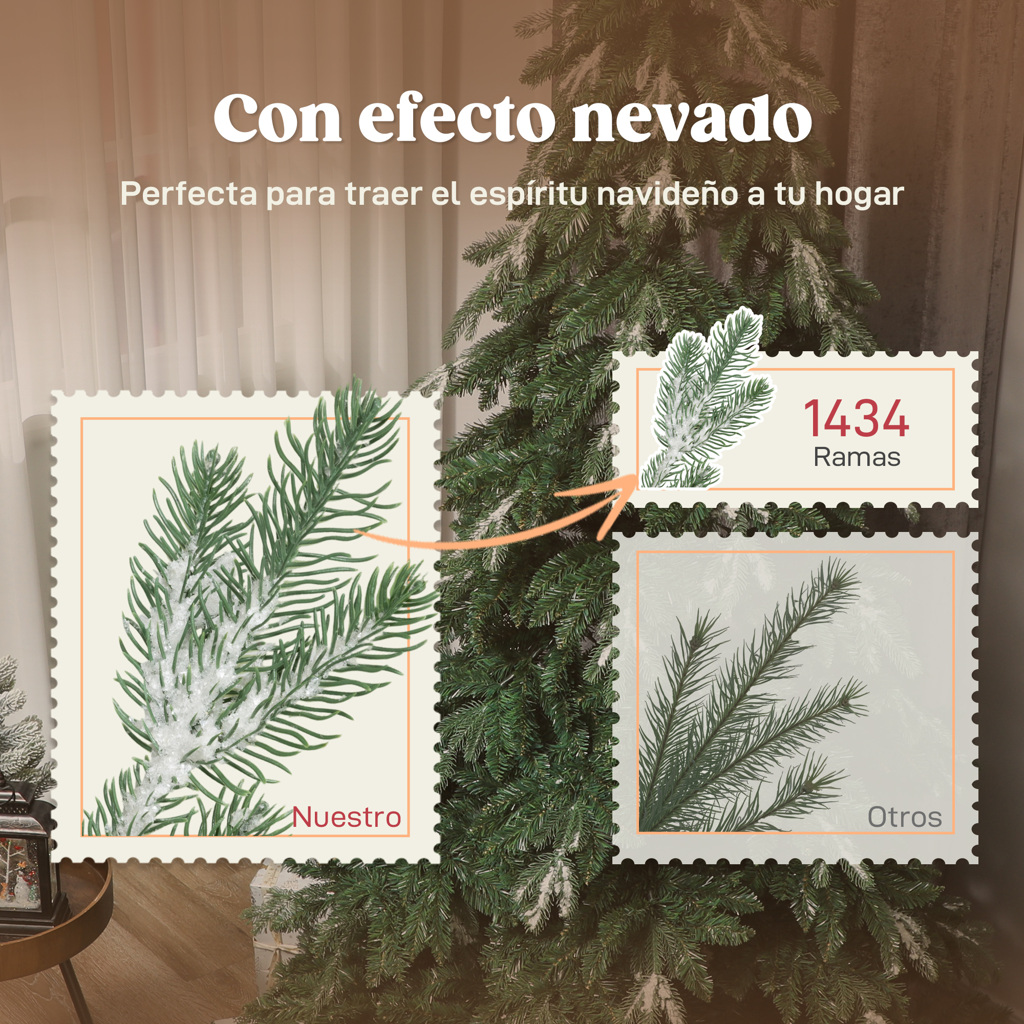 Árbol de Navidad con efecto nieve mostrando comparación de ramas.